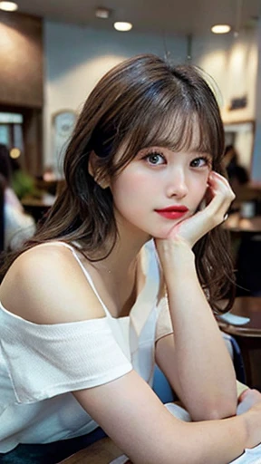 (Tabletop:1.3), High resolution, Ultra-detailed, Highly detailed CG Unity 8k wallpaper, Realistic, Photorealistic, RAW Photos, Beautifully detailed face, Pale skin, Realistic glitter skin, Detailed cloth texture, Detailed hair texture, Perfect body, Beautiful Face, Accurate, Anatomically correct, Highly detailed face and skin texture, Natural neck length, (Beautiful Hands), (Fair skin:1.2), Thin legs, Thin legs,
break,
Fine grain, Symmetrical eyes, Light brown eyes, double eyelid, Thin eyebrows, (Glossy lips:1.4), ((Wait for a kiss:1.2)), (blush:1.1),
break,
(Elegant and pretty girl:1.3), (Wearing an elegant off-the-shoulder white shirt), (Orange flared skirt:1.2),
Medium chest, (Slim figure:1.1), Perfect figure, Toned Abs, Beautiful clavicle,
(Brown Hair, Wavy Hair, Long Hair:1.3), ((Asymmetrical bangs:1.2)), (Upper Body Shot:1.2), Displaying the viewer, (From the side From the side:0.65),
break,
(Sit leaning against the table), ((Place your elbows on the table,Lift your chin slightly:1.3)),Looking into the camera