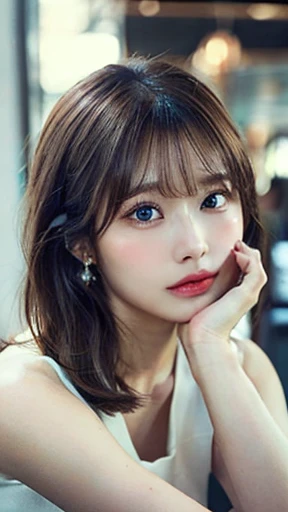 (Tabletop:1.3), High resolution, Ultra-detailed, Highly detailed CG Unity 8k wallpaper, Realistic, Photorealistic, RAW Photos, Beautifully detailed face, Pale skin, Realistic glitter skin, Detailed cloth texture, Detailed hair texture, Perfect body, Beautiful Face, Accurate, Anatomically correct, Highly detailed face and skin texture, Natural neck length, (Beautiful Hands), (Fair skin:1.2), Thin legs, Thin legs,
break,
Fine grain, Symmetrical eyes, Light brown eyes, double eyelid, Thin eyebrows, (Glossy lips:1.4), ((Wait for a kiss:1.2)), (blush:1.1),
break,
(Elegant and pretty girl:1.3), (Wearing an elegant off-the-shoulder white shirt), (Orange flared skirt:1.2),
Medium chest, (Slim figure:1.1), Perfect figure, Toned Abs, Beautiful clavicle,
(Brown Hair, Wavy Hair, Long Hair:1.3), ((Asymmetrical bangs:1.2)), (Upper Body Shot:1.2), Displaying the viewer, (From the side From the side:0.65),
break,
(Sit leaning against the table), ((Place your elbows on the table,Lift your chin slightly:1.3)),Looking into the camera