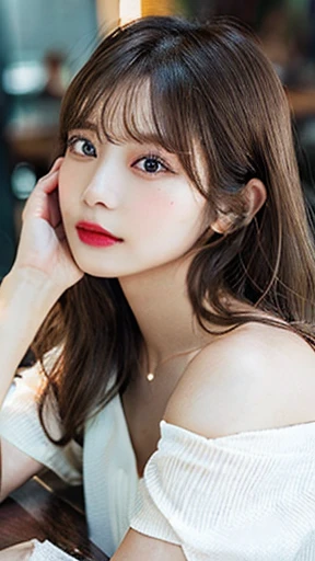 (Tabletop:1.3), High resolution, Ultra-detailed, Highly detailed CG Unity 8k wallpaper, Realistic, Photorealistic, RAW Photos, Beautifully detailed face, Pale skin, Realistic glitter skin, Detailed cloth texture, Detailed hair texture, Perfect body, Beautiful Face, Accurate, Anatomically correct, Highly detailed face and skin texture, Natural neck length, (Beautiful Hands), (Fair skin:1.2), Thin legs, Thin legs, 
break, 
Fine grain, Symmetrical eyes, Light brown eyes, double eyelid, Thin eyebrows, (Glossy lips:1.4), ((Wait for a kiss:1.2)), (blush:1.1),
break, 
(Elegant and pretty girl:1.3), (Wearing an elegant off-the-shoulder white shirt), (Orange flared skirt:1.2), 
Medium chest, (Slim figure:1.1), Perfect figure, Toned Abs, Beautiful clavicle, 
(Brown Hair, Wavy Hair, Long Hair:1.3), ((Asymmetrical bangs:1.2)), (Upper Body Shot:1.2), Displaying the viewer, (From the side From the side:0.65),
break, 
(Sit leaning against the table), ((Place your elbows on the table，Lift your chin slightly:1.3)),Looking into the camera