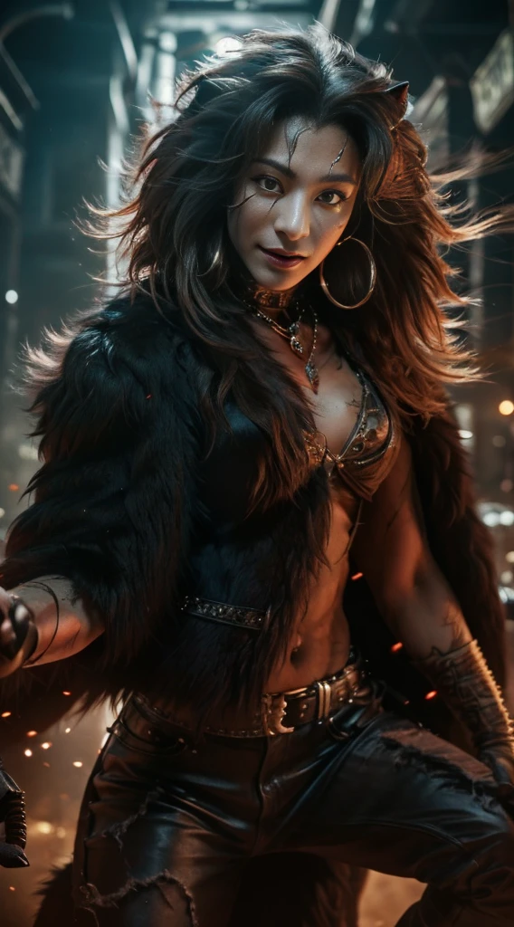 Highly detailed images,masterpiece,Best Quality,Ultimate realism with attention to detail,A beast emerging from the darkness,In a very wicked city in the 60s,Lion with thick black fur,Sharp red eyes that glow in the dark,A dark, throaty growl,Preparing for Attack,The right profile,Waxed Mouth,Glare,Fur and body scars and signs of pack fighting,Ancestor pendant worn around the neck,Metal parts