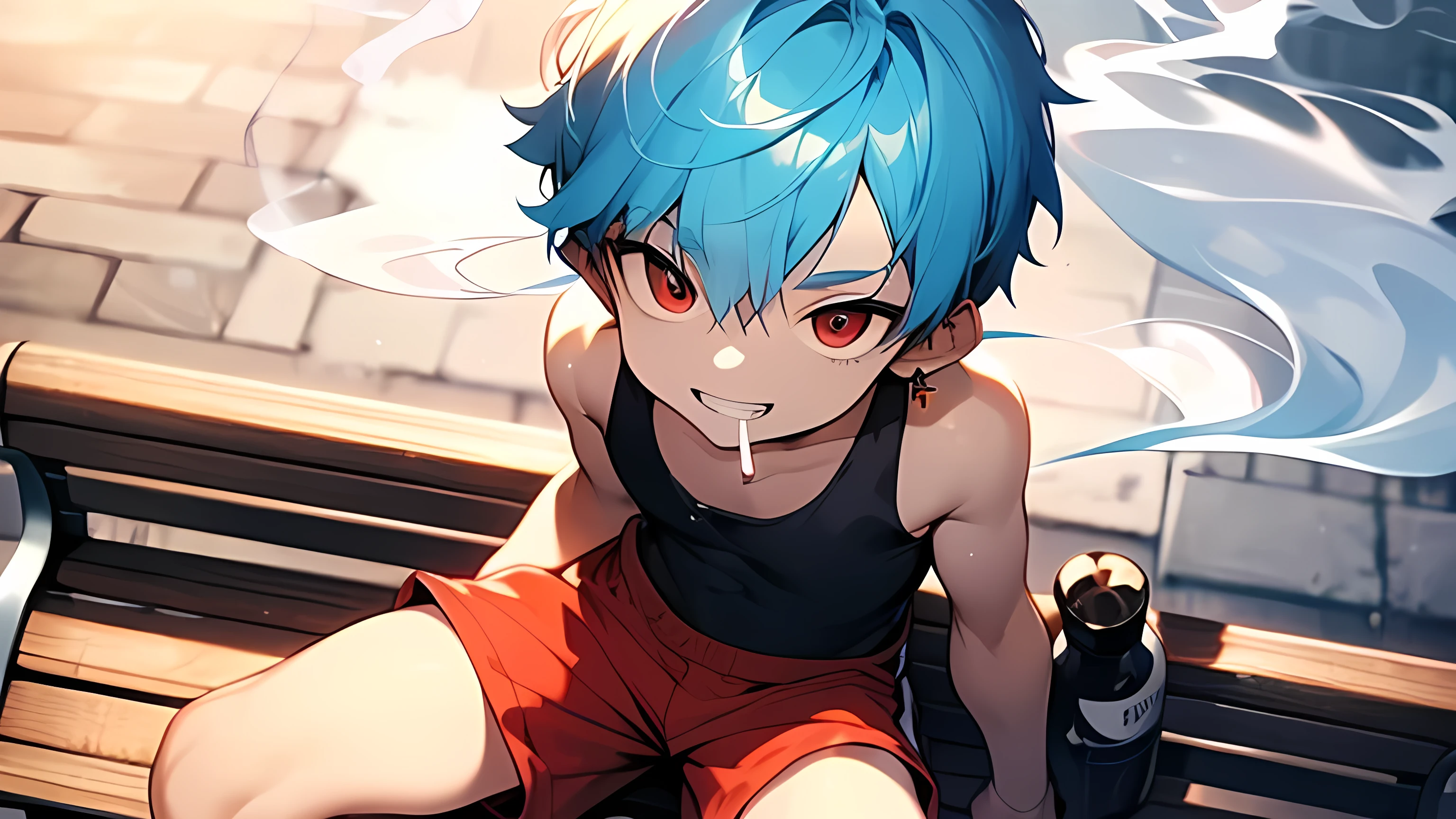 (boldline:-1.6), (raising legs:1.5), (best quality:1.5), (absolutely resolution:1.5), (ultra detailed:1.5), (masterpiece:1.5), (perfect face:1.5), (detailed face:1.5), (detailed eyes:1.5), (cute face), (shota:1.9), (black tank top:1.5), BREAK (baggy red short pants:1.5), BREAK (smoking:2), (arched back:1.3), (bulge:1.5), (skinny:1.3), (his hand holding can:1.5), (both elbows on his knee:1.5), (ash tray:1.5), (sitting on bench:1.5), (spiked hair), BREAK (light blue hair:1.5), (wine red eyes:1.4), (eyes with high light), ((mole under eye)), (sweaty skin), BREAK (smoking area), office chair, (grin:1.4), ((earrings)), (shiny skin:1.3), BREAK (at twilight), (sunset), (wind blowing), (nipple), ((abs)), (groin), upper body, from above,