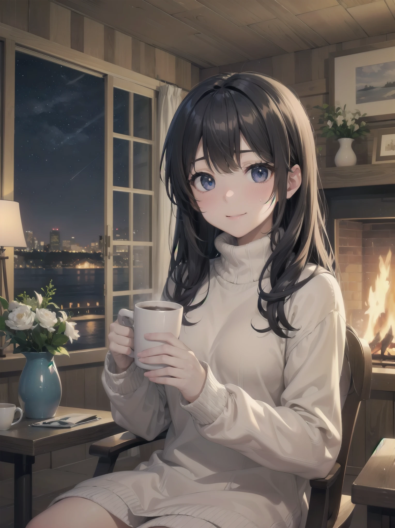 （Winter night and girl、sweater、Mug、Relax in front of the fireplace）
Cold Winter Night、sweaterを着た少女が暖炉の前でMugを両手で抱え、Enjoying a hot drink。The fire in the fireplace gently illuminated her face.、The room is wrapped in a comfortable warmth。Her smile tells the happiness of that moment.、It helps me forget the cold outside。Mugから立ち上る湯気が、Floating softly on her face。