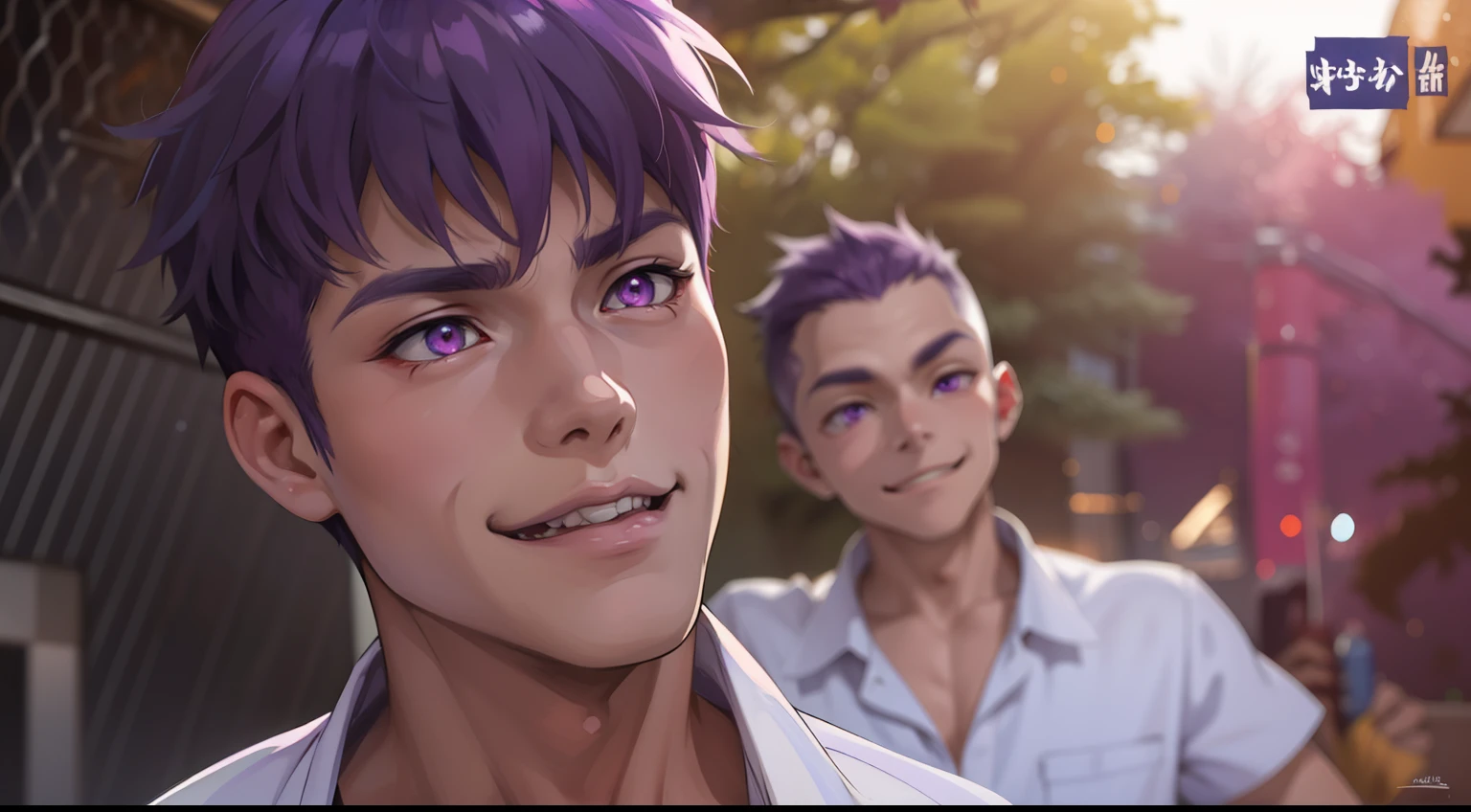 (estilo anime 2d plano)cute 16 year old boy speaks evil with hate with a mischievous smile malevolent irony purple hair purple eyes aura of evil he is dangerous murderer