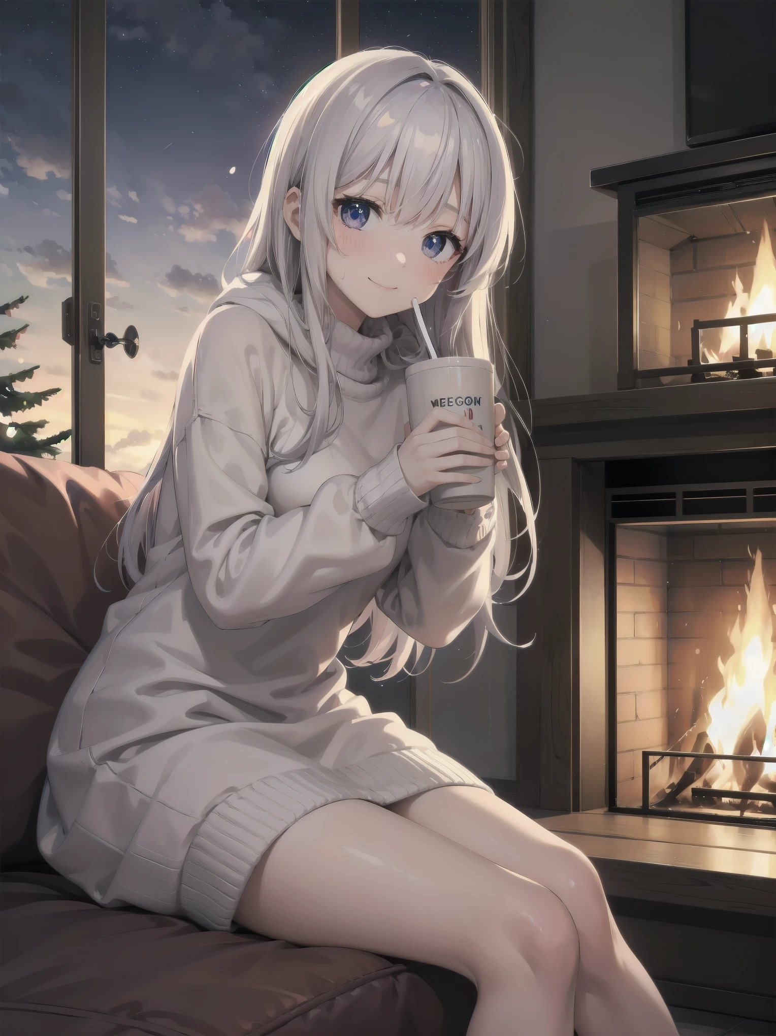 (Winter night and girl、sweater、Mug、Relax in front of the fireplace)
Cold Winter Night、sweaterを着た少女が暖炉の前でMugを両手で抱え、Enjoying a hot drink。The fire in the fireplace gently illuminated her face.、The room is wrapped in a comfortable warmth。Her smile tells the happiness of that moment.、It helps me forget the cold outside。Mugから立ち上る湯気が、Floating softly on her face。