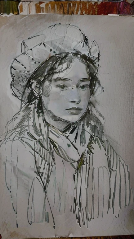 bocetos de una mujer con sombrero y bufanda sobre una mesa, inspired by Prince Hoare, Inspirado por Francesco Hayez, inspired by Jean-François Millet, inspirado en Lucy Madox Brown, inspirado por Lucas van Leyden, bosquejado, 🤤 girl portrait, retrato 4 / 3, inspirado en Francis Davis Millet, viejo boceto, solo portrait 🎨🖌️