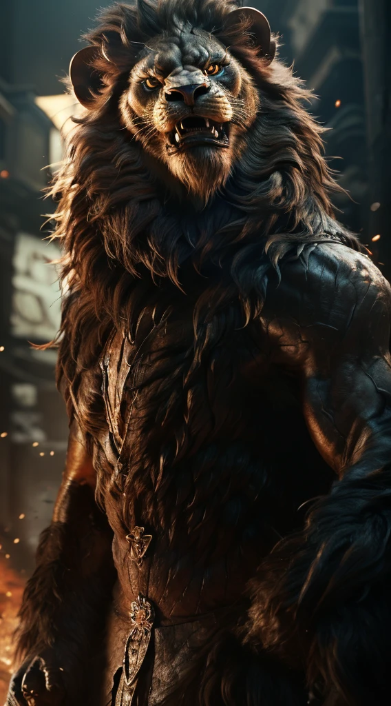 Highly detailed images,masterpiece,Best Quality,Ultimate realism with attention to detail,A beast emerging from the darkness,In a very wicked city in the 60s,Lion with thick black fur,Sharp red eyes that glow in the dark,A dark, throaty growl,Preparing for Attack,The right profile,Waxed Mouth,Glare,Fur and body scars and signs of pack fighting,Ancestor pendant worn around the neck,Metal parts