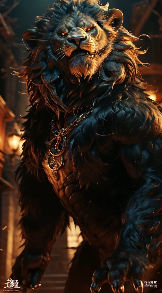 Highly detailed images,masterpiece,Best Quality,Ultimate realism with attention to detail,A beast emerging from the darkness,In a very wicked city in the 60s,Lion with thick black fur,Sharp red eyes that glow in the dark,A dark, throaty growl,Preparing for Attack,The right profile,Waxed Mouth,Glare,Fur and body scars and signs of pack fighting,Ancestor pendant worn around the neck,Metal parts