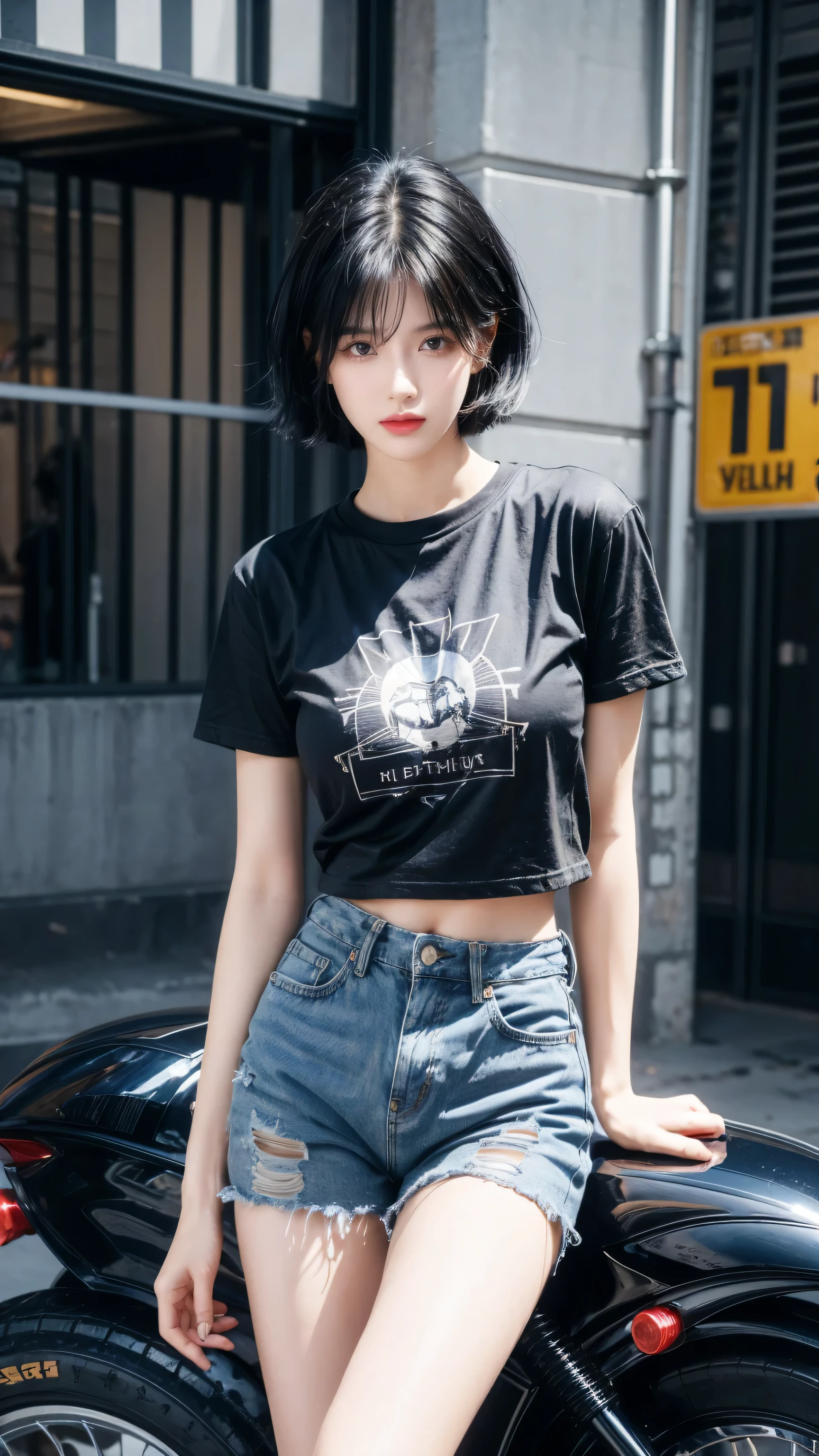 best quality, 1 Girl, dark blue hair, black eyes, Very short hair, Spiky hair, oversize t-shirt, High waist short jeans and high boots, 171 cm, Messy hair, Hair between the eyes, Medium breasts, full, Tomboy, aldult, 20 years old, 1 Girl near red motorcycle