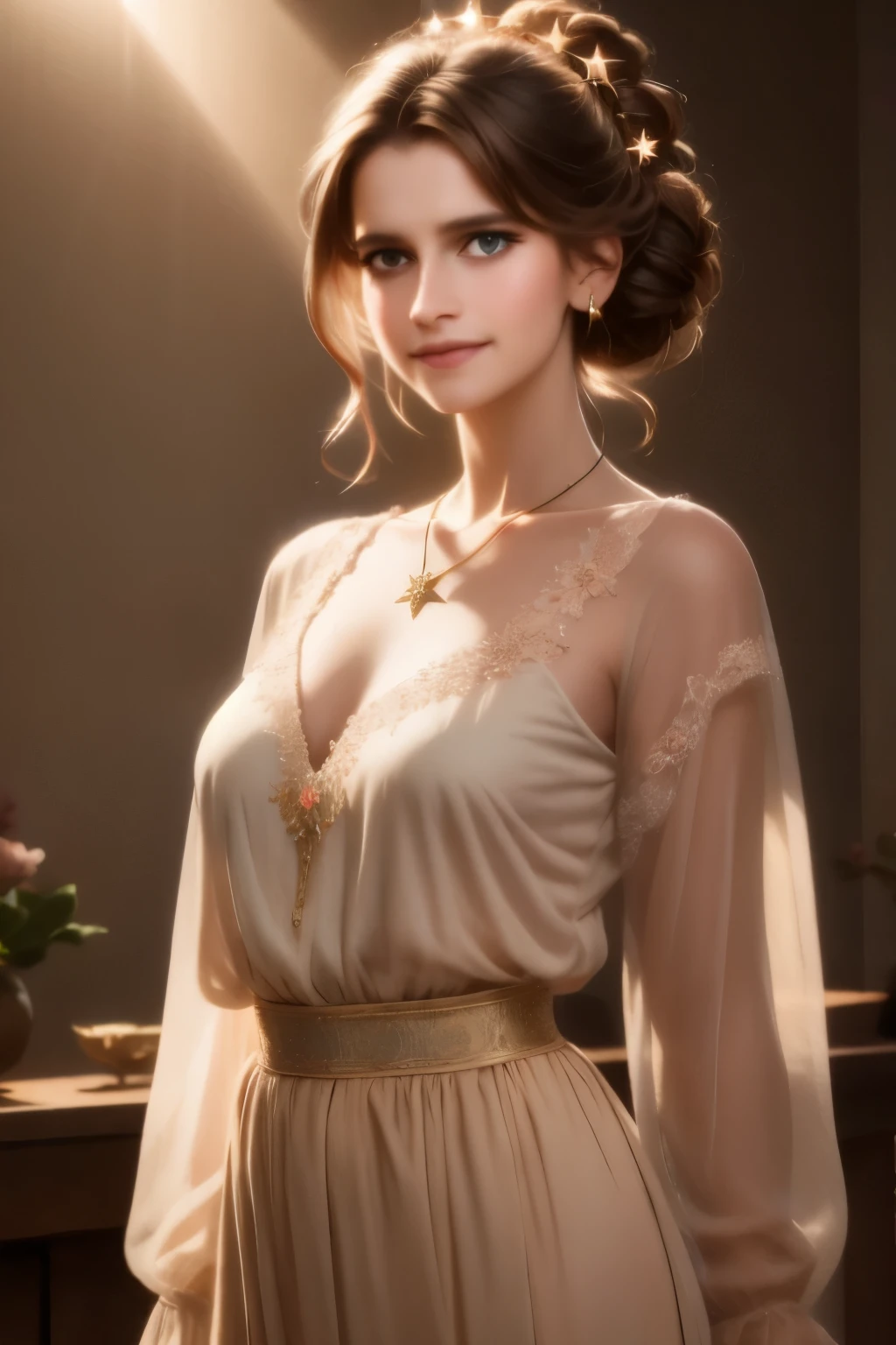 Superb Quality, Masterpiece, High Resolution, 1Girl, Blush, (Seductive Smile: 0.8), Star Pupil, Hair Accessories, Necklace, Jewelry, Beauty, on_body, Tyndall Effect, Realistic, Shadow Room, Light Edge, Two-tone Lighting, (High Detail Skin: 1.2), 8K UHD, SLR, Soft Light, High Quality, Volume Lighting, Candid Photo, High Resolution, 4K, 8K, Background Blur, Real Person