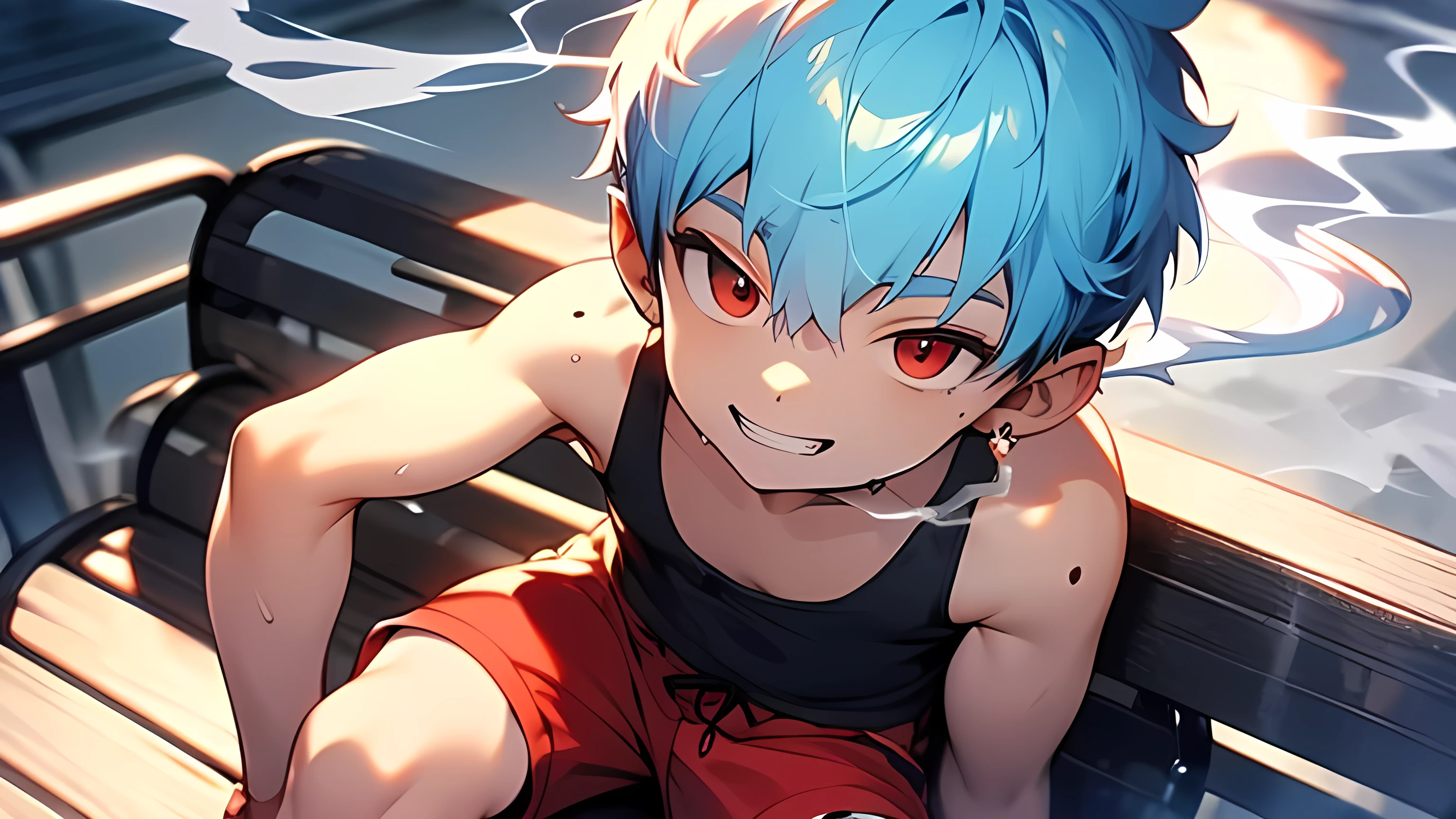 (boldline:-1.6), (raising legs:1.5), (best quality:1.5), (absolutely resolution:1.5), (ultra detailed:1.5), (masterpiece:1.5), (perfect face:1.5), (detailed face:1.5), (detailed eyes:1.5), (cute face), (shota:1.9), (black tank top:1.5), BREAK (baggy red short pants:1.5), BREAK (smoking:2), (arched back:1.3), (bulge:1.5), (skinny:1.3), (his hand holding can:1.5), (both elbows on his knee:1.5), (ash tray:1.5), (sitting on bench:1.5), (spiked hair), BREAK (light blue hair:1.5), (wine red eyes:1.4), (eyes with high light), ((mole under eye)), (sweaty skin), BREAK (smoking area), office chair, (grin:1.4), ((earrings)), (shiny skin:1.3), BREAK (at twilight), (sunset), (wind blowing), (nipple), ((abs)), (groin), upper body, from above,