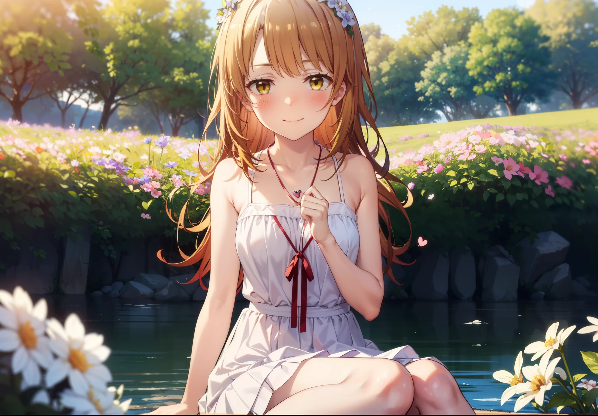 irohaisshiki, iroha isshiki, Long Hair, Brown Hair, (Brown eyes:1.5), Medium chest, Squint both eyes,blush,happy smile, smile, Shut your mouth.,White Sleeveless Dress,Bare arms,Heart Pendant,Long skirt,Barefoot flower crown,whole bodyがイラストに入るように,Sitting,Looking up from below,
break looking at viewer, whole body,
break outdoors, nature,Flower Field,Large Lake,
break (masterpiece:1.2), highest quality, High resolution, unity 8k wallpaper, (shape:0.8), (Beautiful details:1.6), Highly detailed face, Perfect lighting, Extremely detailed CG, (Perfect hands, Perfect Anatomy),