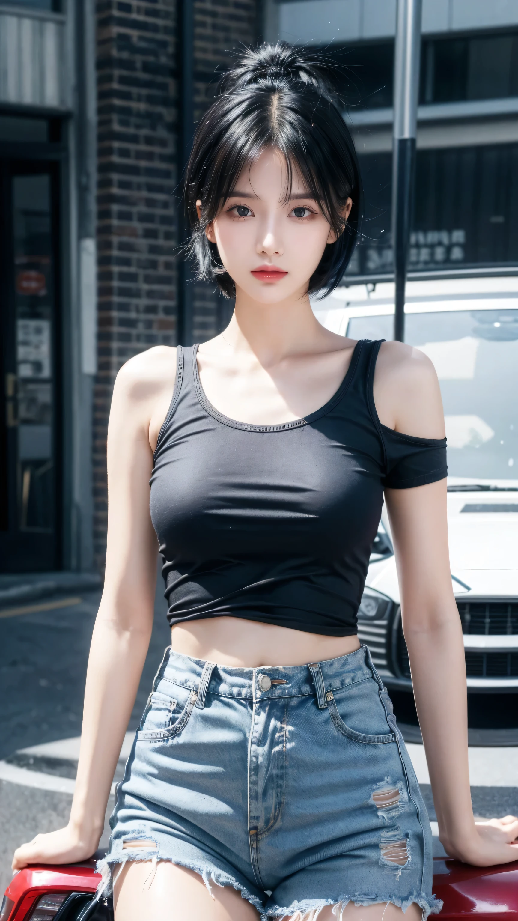 best quality, 1 Girl, dark blue hair, black eyes, Very short hair, Spiky hair, white oversize t-shirt, High waist short jeans, 171 cm, Messy hair, Hair between the eyes, ??????????????, full, Tomboy, aldult, 20 years old, 1 Girl near red motorcycle