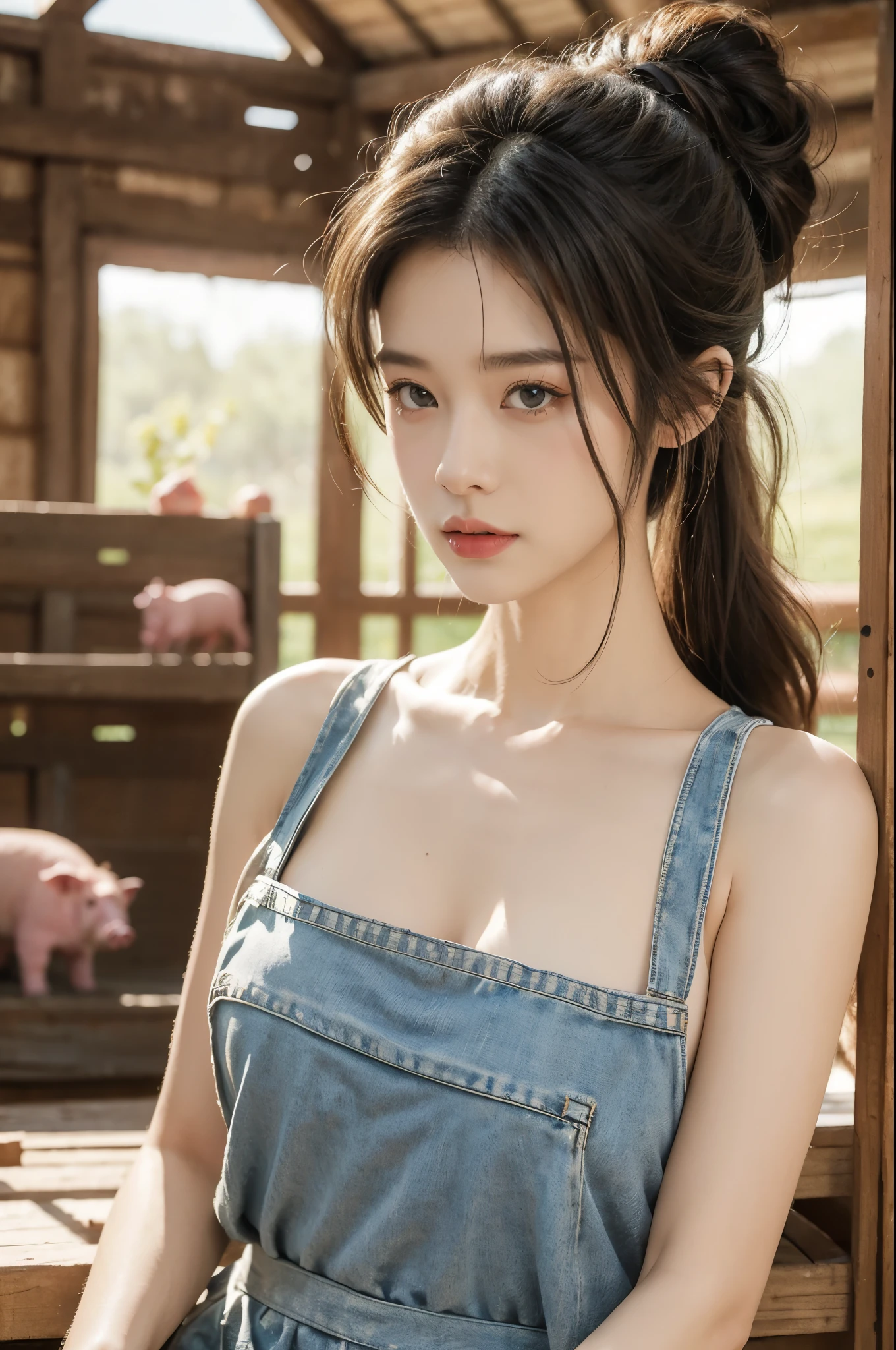 group photo of a girl and a huge pig,standing in the middle of a pig farm,short ponytail,bare shoulders,flat chests,torn apron,cleavage,realistic scenery,photography carnival,wildlife photography,aurora punk,animal and human styles,close-up of face,indoor,