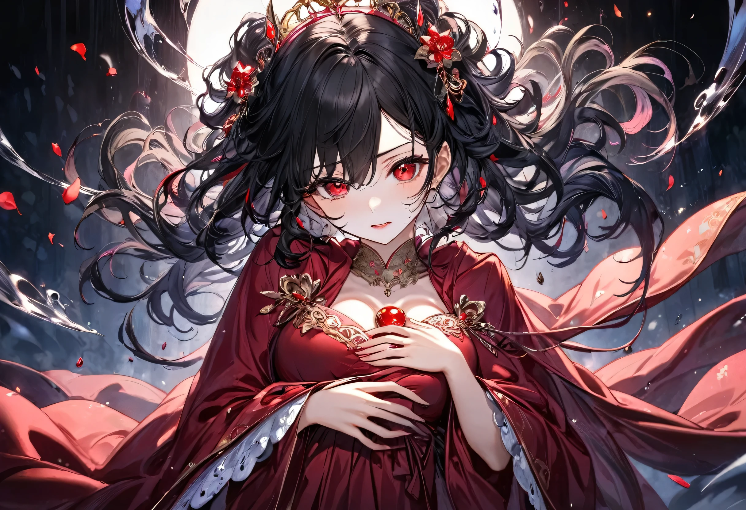 Shadows of hatred, (solo curly:1.3 black hair long hair evil princess girl, tears:1.2 red eyes, painful face), (left hand put on own chest) (in a evil Goddess robe), BREAK, (float in the darkness), (master piece, best quality, 16k).