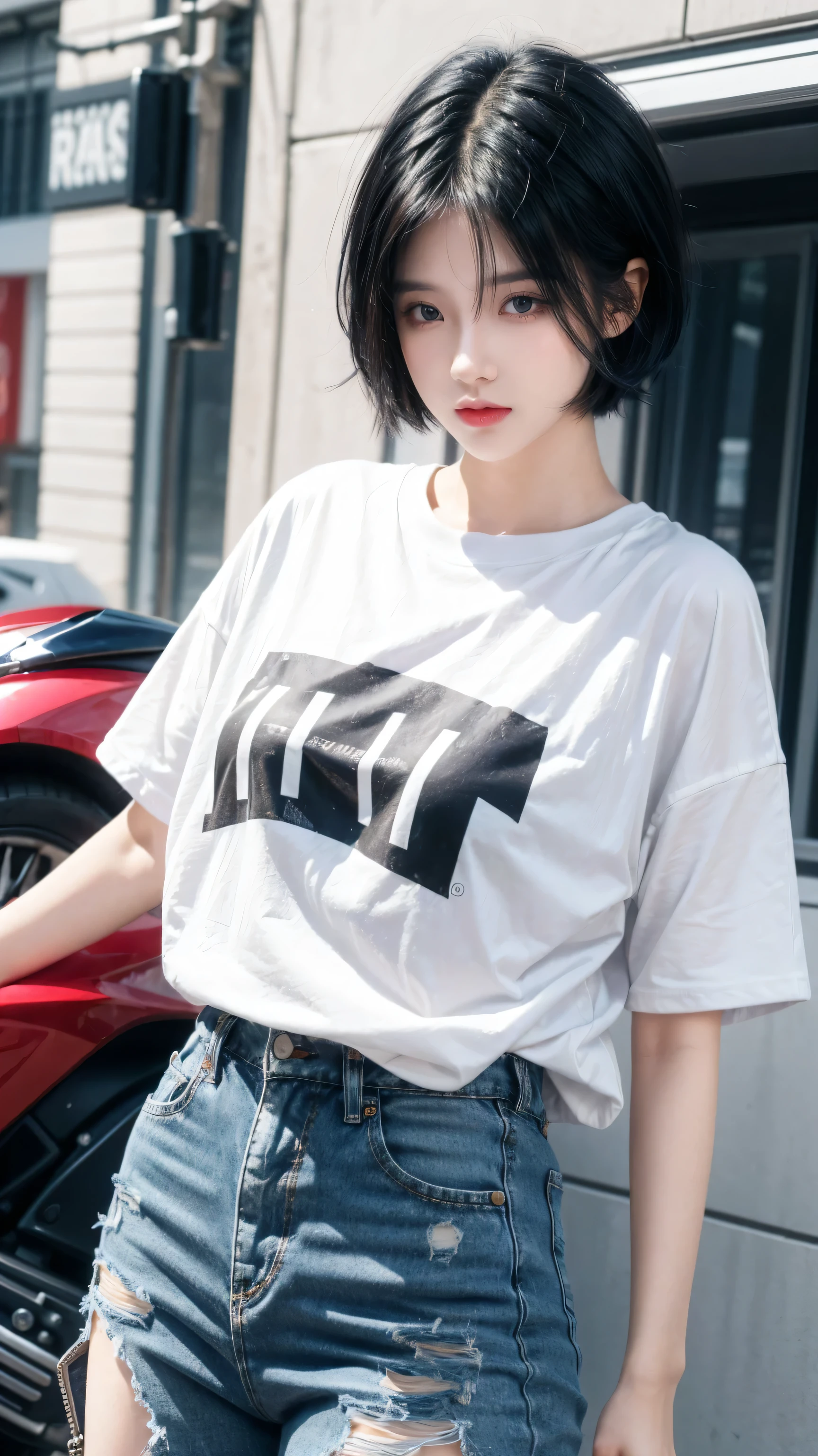 best quality, 1 Girl, dark blue hair, black eyes, Very short hair, Spiky hair, white oversize t-shirt, High waist short jeans, 171 cm, Messy hair, Hair between the eyes, Medium breasts, full, Tomboy, aldult, 20 years old, 1 Girl near red motorcycle