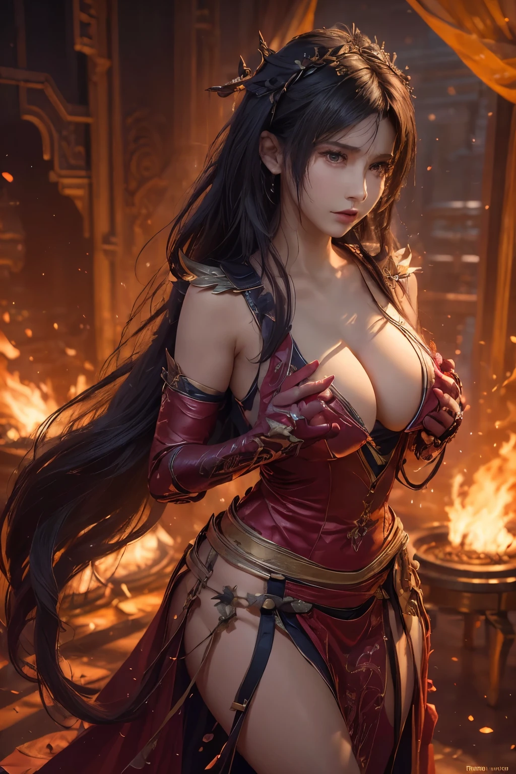 (best quality,ultra-detalhado),(Realistic:1.37),Tifa Lockhart, (big chest:1.4), sexy dress, revealing dress, Rosto bonito e detalhado, maquiagem preta nos olhos, textura ultra realista, rosto delicado, expression serious, (full body shot:1.2), (sharp focus), detailed face,