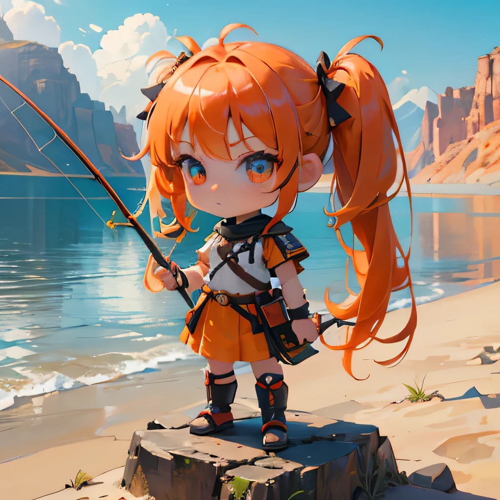 masterpiece, highest quality, 8k wallpaper, Very detailed, 1 girl, Orange Hair, Twin tails, fine grain, (Chibi Character)、Deformed、 warrior outfit,freckles，dark，I have a fishing rod、Standing by the lake、Desert oasis background、Looking to the side