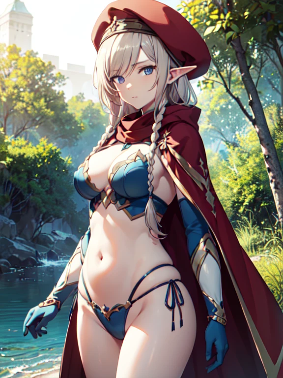 Alein, Alein, Long Hair, blue eyes, Blonde, Braiding, Pointed Ears, Fairy, side Braiding, break gloves, Have, Elbow hand pockets, Cape, beret, belly button, abdomen, break looking at viewer, whole body, break outdoors, nature, break (masterpiece:1.2), highest quality, High resolution, unity 8k wallpaper, (figure:0.8), (Beautiful fine details:1.6), Highly detailed face, Perfect lighting, Highly detailed CG, (Perfect hands, Perfect Anatomy),