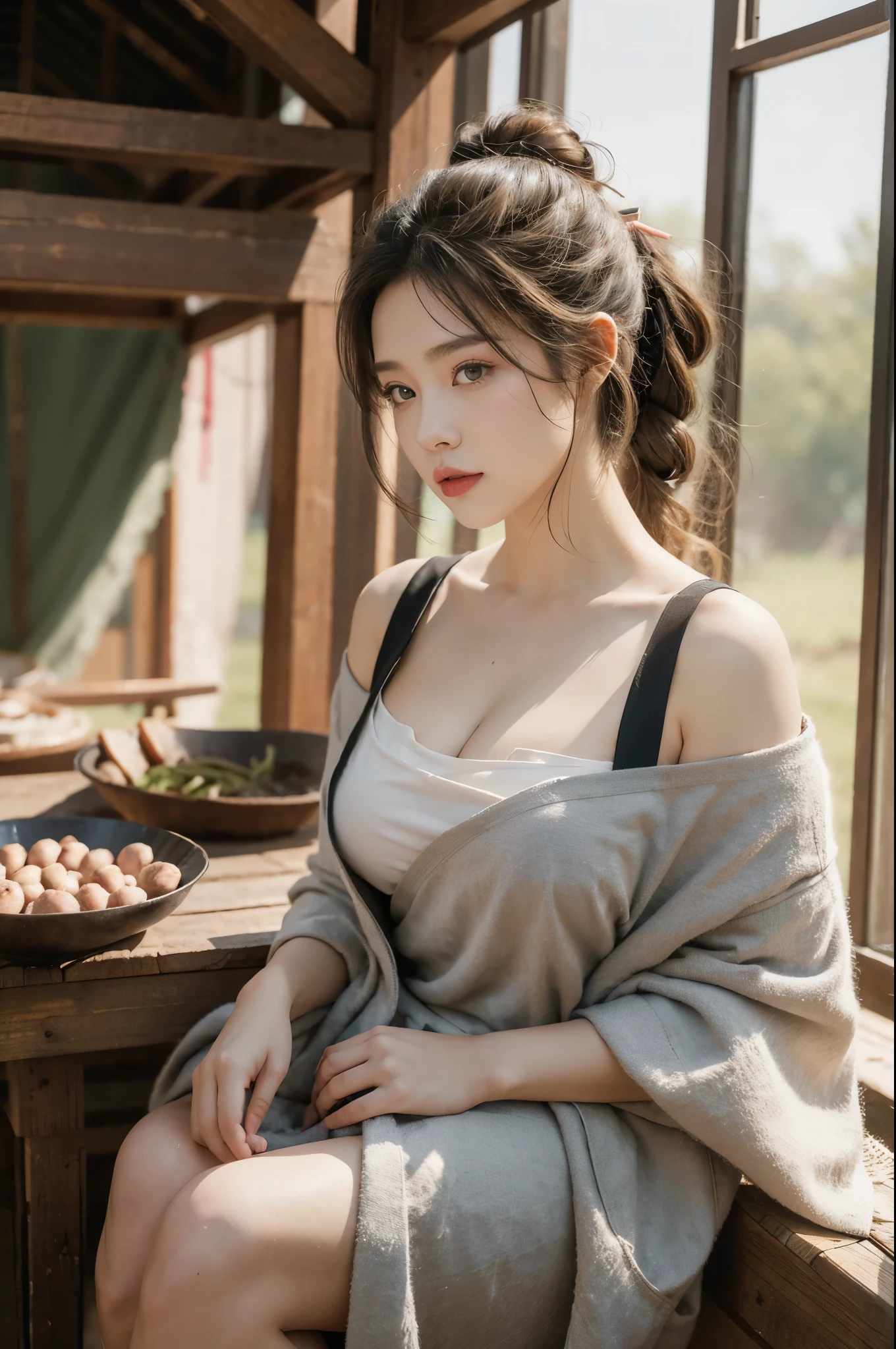 group photo of a girl and a huge pig,standing in the middle of a pig farm,short ponytail,bare shoulders,flat chests,torn apron,cleavage,realistic scenery,photography carnival,wildlife photography,aurora punk,animal and human styles,close-up of face,indoor,