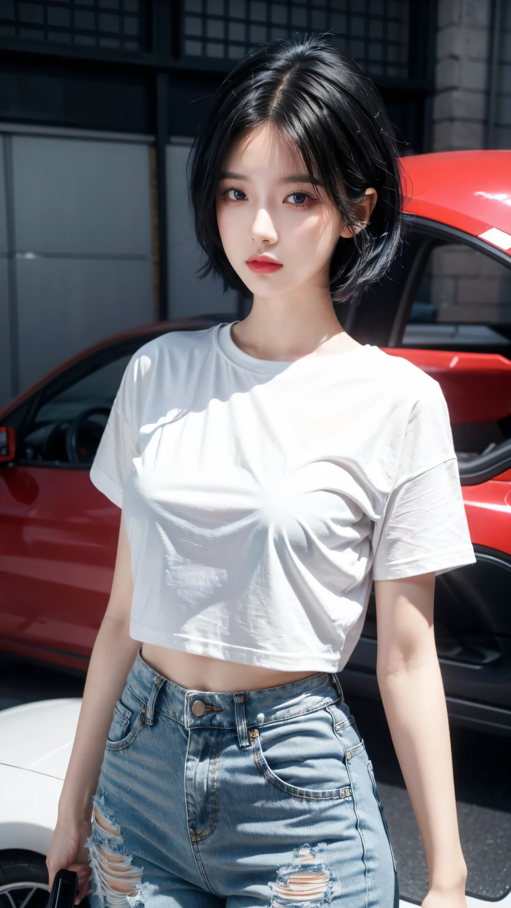 best quality, 1 Girl, dark blue hair, black eyes, Very short hair, Spiky hair, white oversize t-shirt, High waist short jeans, 171 cm, Messy hair, Hair between the eyes, Medium breasts, full, Tomboy, aldult, 20 years old, 1 Girl near red motorcycle
