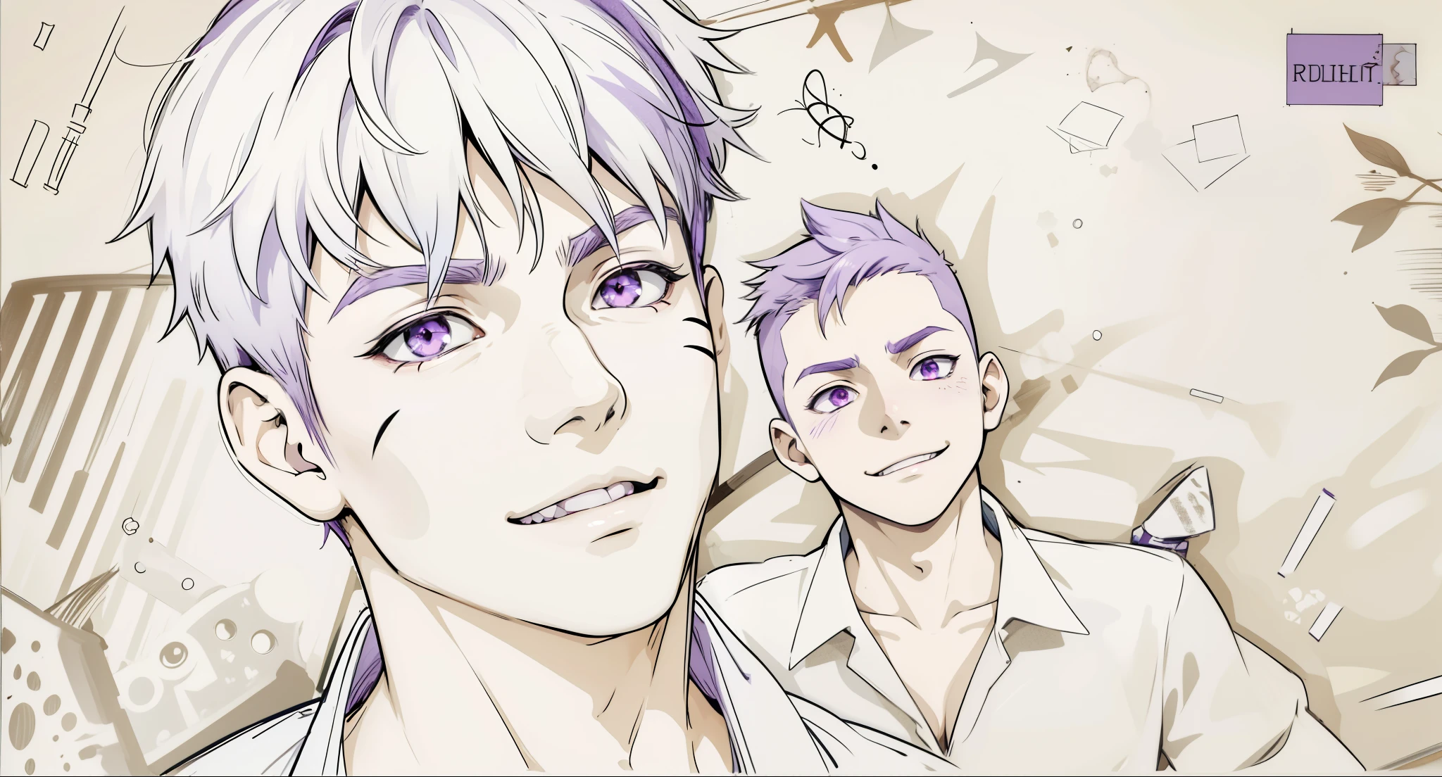 (estilo anime 2d plano)cute  boy speaks evil with hate with a mischievous smile malevolent irony purple hair purple eyes aura of evil he is dangerous murderer