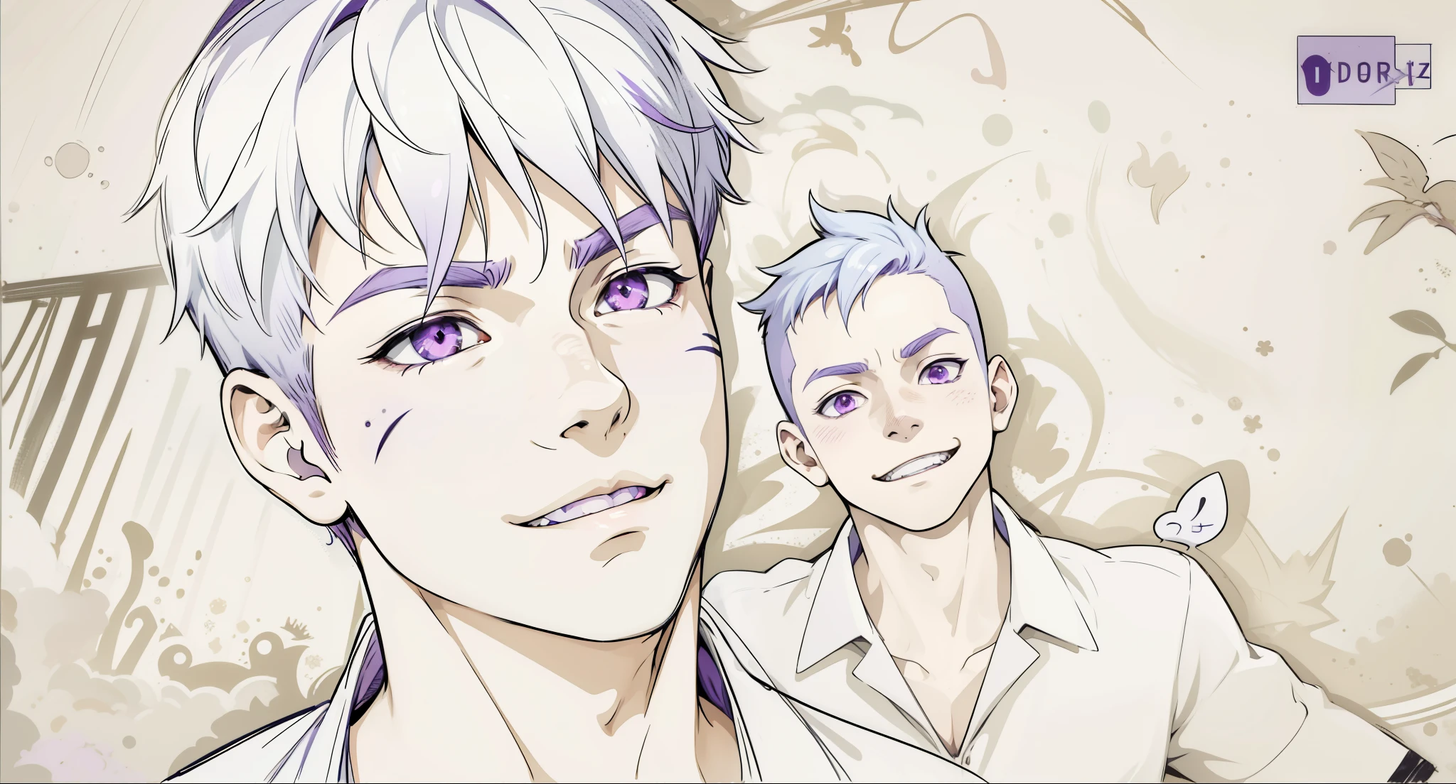 (estilo anime 2d plano)cute 16 year old boy speaks evil with hate with a mischievous smile malevolent irony purple hair purple eyes aura of evil he is dangerous murderer