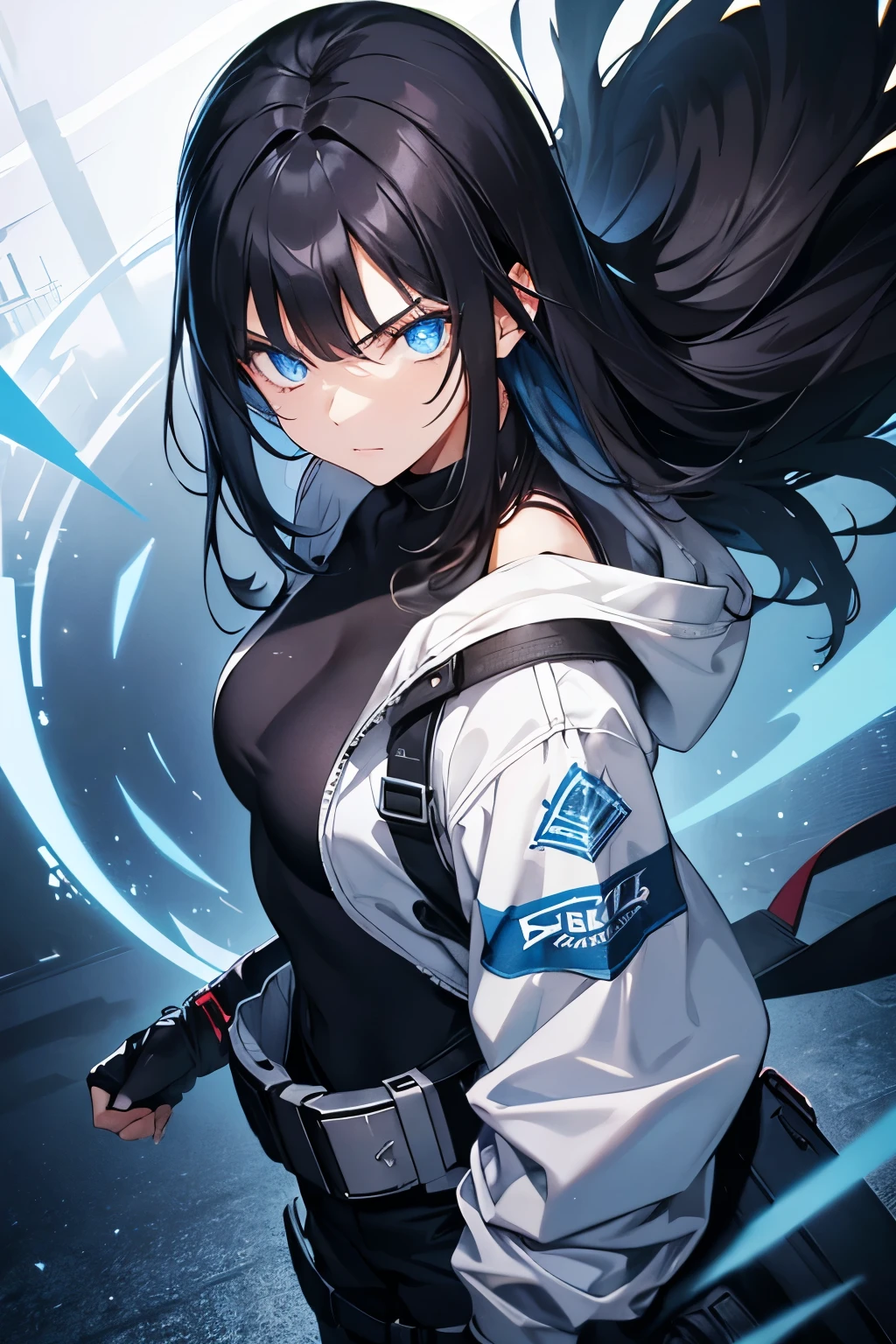Older teenage female with black hair and blue eyes, powerful aura, staring, mysterious badass outfit