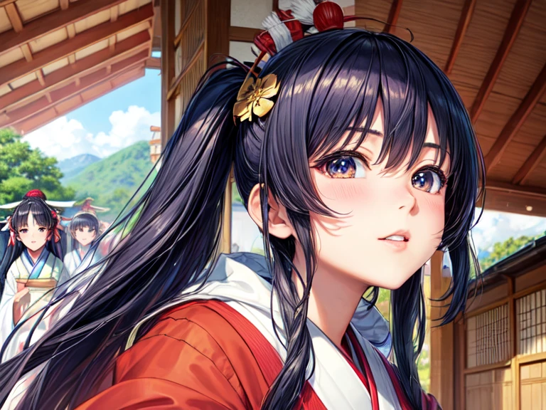 ((highest quality)), ((masterpiece)), (detailed), Perfect Face, Japanese, high , shrine, Shrine maiden, 3 women,
