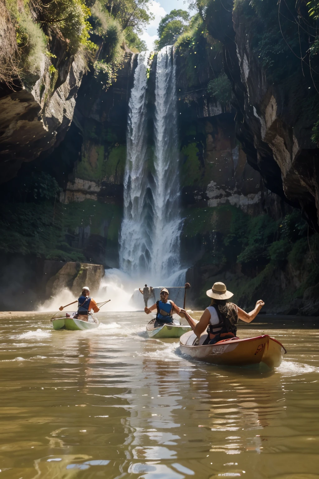 Setes pessoas no bote , Yesterday there were three of you paddling and one pointing the way to avoid a huge waterfall that they might run the risk of falling into. .