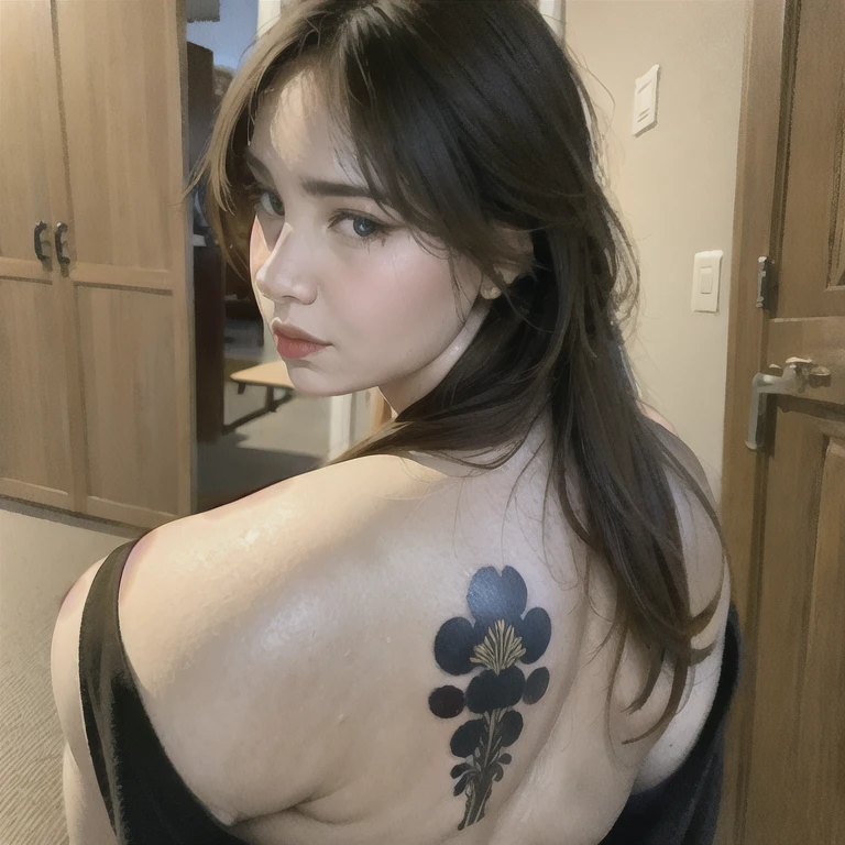 (masterpiece, best quality:1.2), 1girl, solo, strong, long brown hair, tattoo in shoulder