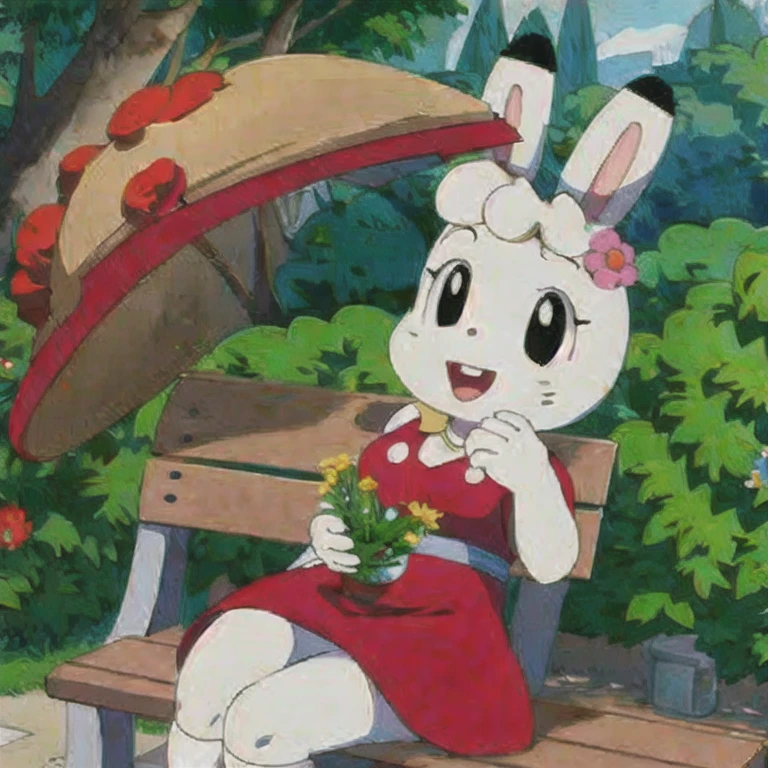 (masterpiece, best quality:1.2), 1girl, white bunny, bunny ears, black eyes, solo, red dress, sitting on a bench in the park, mimirin