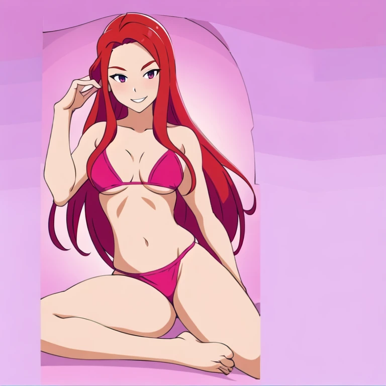 (masterpiece, best quality:1.2), 1girl, solo, red hair, wearing purple bikini, vixi bikini