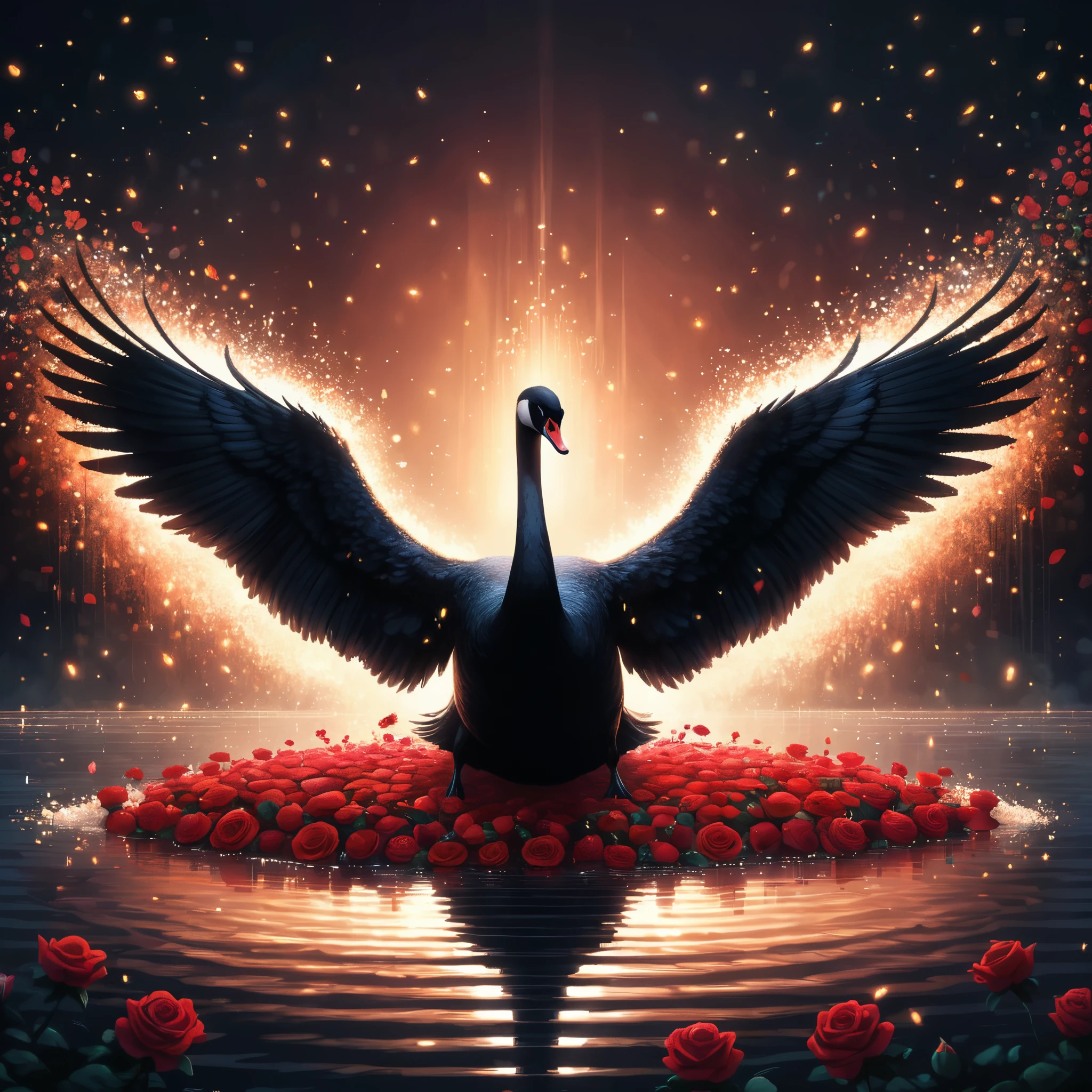 Professional cartoon pixel illustration, (masterpiece in maximum 16K resolution, superb quality, ultra detailed:1.3), front view of a grand black swan with wings spread wide ((in the mid-air)), the water surface has red roses, ((ethereal light particles)), blurry warm background.