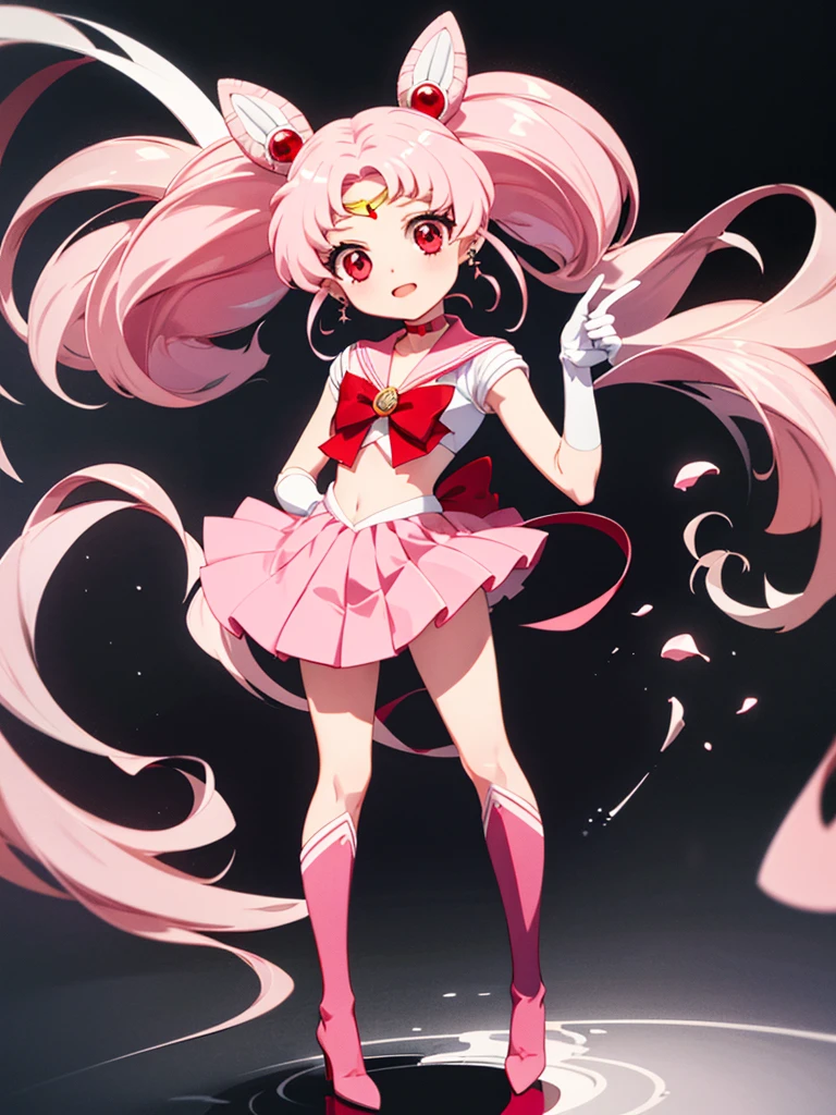 masterpiece, best quality, 1 girl, solo, (flat chest), chibi usa, 1girl, hairpin, pink hair, white gloves, pink skirt, miniskirt, red eyes, chocker, red ribbone,jewelry, chibi usa, game cg, full body, uniform, looking through legs, full body,