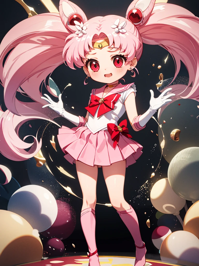 masterpiece, best quality, 1 girl, solo, (flat chest), chibi usa, 1girl, hairpin, pink hair, white gloves, pink skirt, miniskirt, red eyes, chocker, red ribbone,jewelry, chibi usa, game cg, full body, uniform, looking through legs, full body,