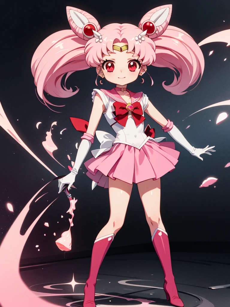 masterpiece, best quality, 1 girl, solo, (flat chest), chibi usa, 1girl, hairpin, pink hair, white gloves, pink skirt, miniskirt, red eyes, chocker, red ribbone,jewelry, chibi usa, game cg, full body, uniform, looking through legs, full body,