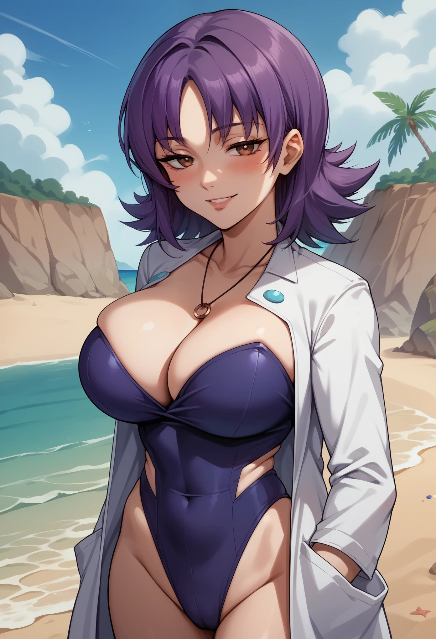 score_9, score_8_up, score_7_up, score_6_up, source_anime, BREAK 1girl, solo,profivy, purple hair, labcoat, necklace, dark blue leotard, looking at viewer, big breasts, beach, blue sky, , looking at you,seductive smile,blush