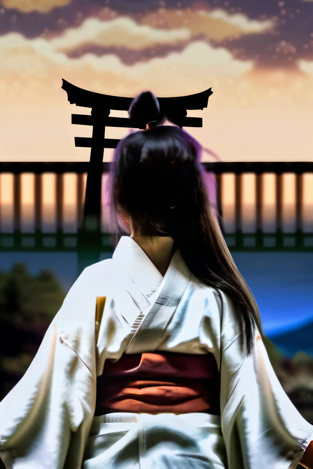 Horror movie shot of Spooky with long black hair, No Face, The view is the night sky, Wearing a dirty white kimono, Stand alone in front of the torii gate at night, Rule of thirds, Tone color scheme, pale brown, Pensive Silence, Bokeh, mystery, Horror, Unclean, spooky, Spooky, Moody lighting,Movie stills,
Best details, beautifully、aesthetic, Fractal Art, colorful, masterpiece, highest quality, One girl, Asian