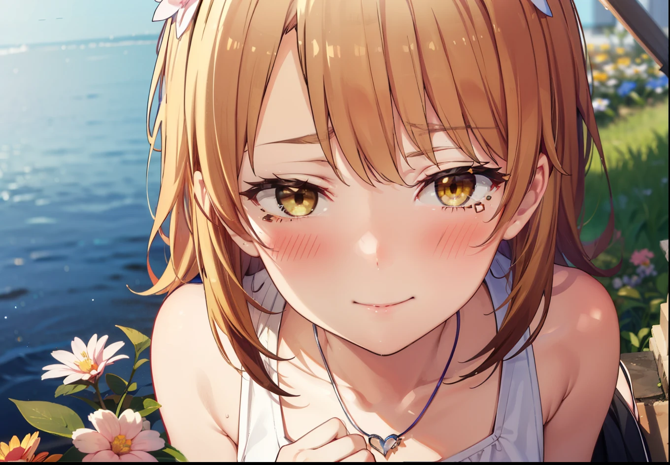 irohaisshiki, iroha isshiki, Long Hair, Brown Hair, (Brown eyes:1.5), Medium chest, Squint both eyes,blush,happy smile, smile, Shut your mouth.,White Sleeveless Dress,Bare arms,Heart Pendant,Long skirt,Barefoot flower crown,whole bodyがイラストに入るように,Sitting,Looking down from above,
break looking at viewer, whole body,
break outdoors, nature,Flower Field,Large Lake,
break (masterpiece:1.2), highest quality, High resolution, unity 8k wallpaper, (shape:0.8), (Beautiful details:1.6), Highly detailed face, Perfect lighting, Extremely detailed CG, (Perfect hands, Perfect Anatomy),
