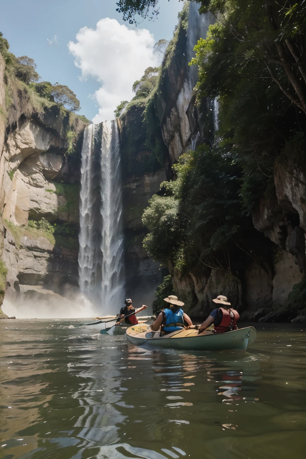 Setes pessoas no bote , Yesterday there were three of you  and one pointing the way to avoid a huge waterfall that they might run the risk of falling into. .