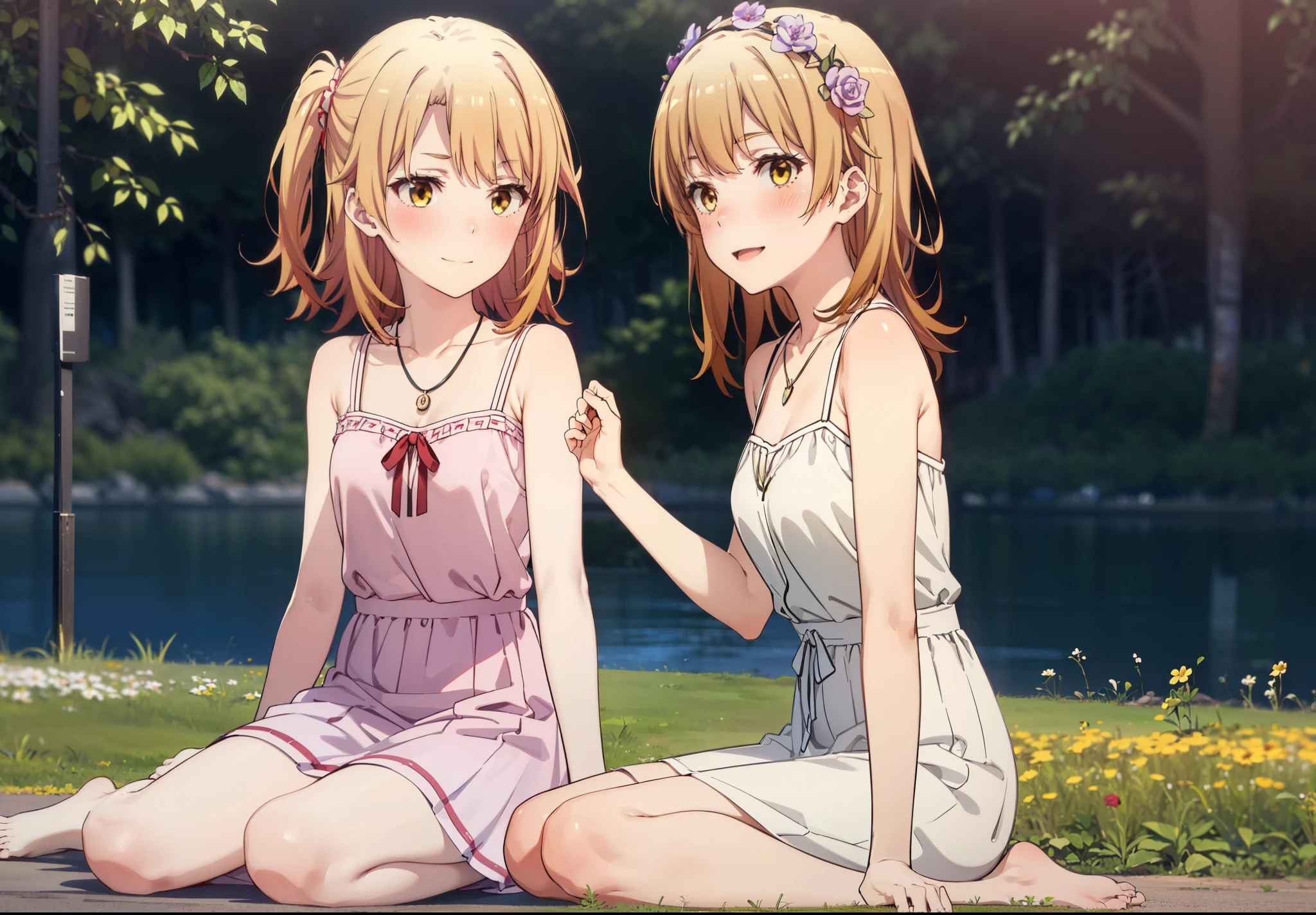 irohaisshiki, iroha isshiki, Long Hair, Brown Hair, (Brown eyes:1.5), Medium chest, Squint both eyes,blush,happy smile, smile, Shut your mouth.,White Sleeveless Dress,Bare arms,Heart Pendant,Long skirt,Barefoot flower crown,whole bodyがイラストに入るように,Sitting,Looking up from below,
break looking at viewer, whole body,
break outdoors, nature,Flower Field,Large Lake,
break (masterpiece:1.2), highest quality, High resolution, unity 8k wallpaper, (shape:0.8), (Beautiful details:1.6), Highly detailed face, Perfect lighting, Extremely detailed CG, (Perfect hands, Perfect Anatomy),