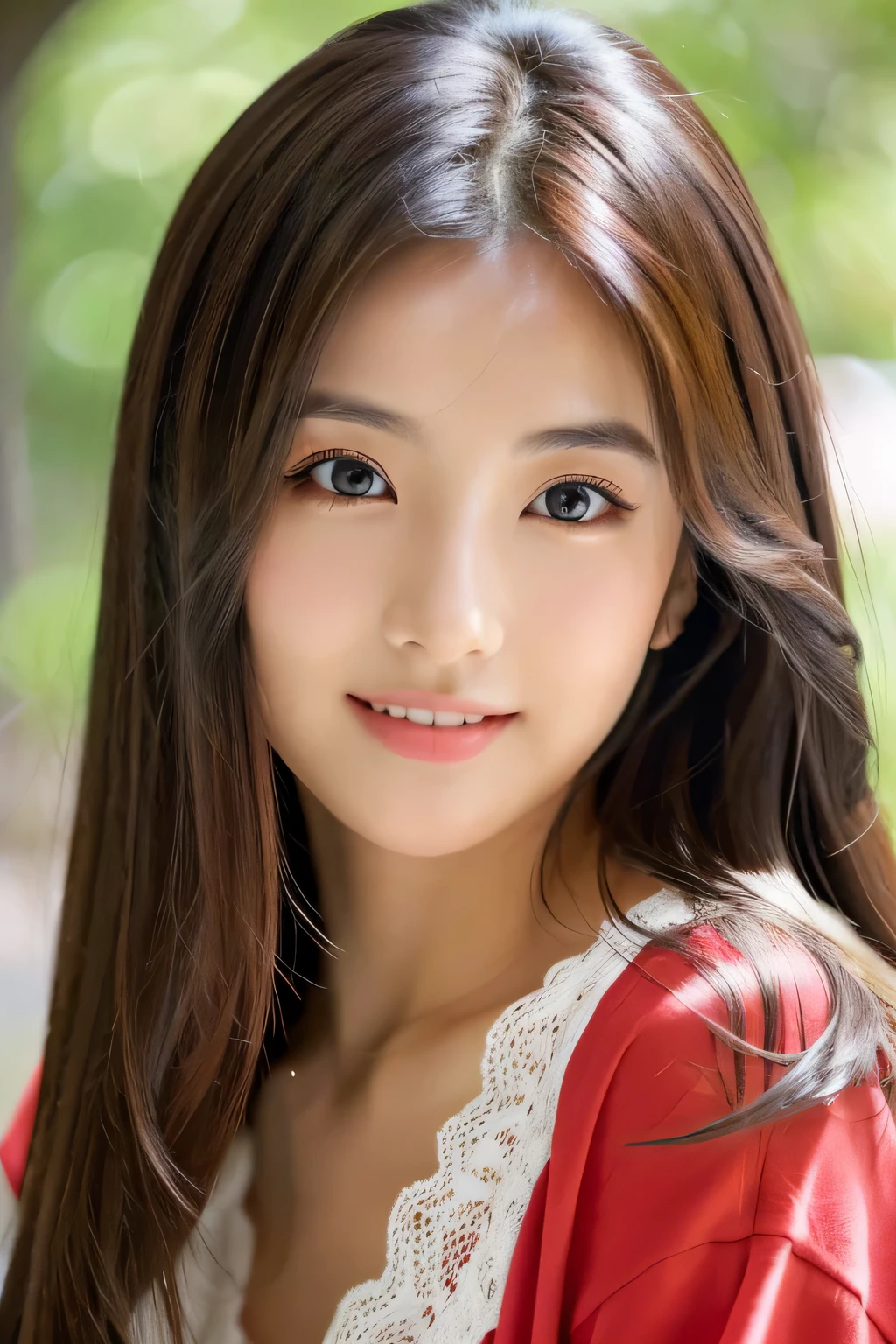 (((8ｋ,Very detailed,Attention to detail、highest quality，masterpiece,Attention to detail))),RAW Photos & Realistic atmosphere,Beautiful dark eyes,Glossy lips,Thin eyebrows,beautiful Eyes、Soft white skin that shines in every detail、Her deep black eyes are very beautiful,Very beautiful face,Very beautiful face、Lively Faces,beautiful, Glistening lips,beautiful Eyebrows,Infinite Reality, Realistic Young Gravure Idol,Very cute woman , Young Gravure Idol, Young Gravure Idol, とても美しくてかわいいbeautiful 21 year old beauty,Incredibly beautiful and elegant，beautiful 21 year old beauty,Natural soft light,（Shiny Hair,,beautiful and kind eyes：1.5）,A kind smile,Shapely breasts,Long Hair,beautiful posture,No makeup,Take a quick look at the camera,Red Shirt，Japanese women，