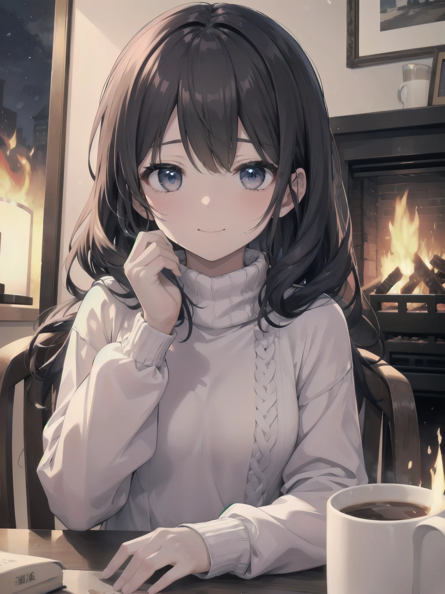 (Winter night and girl、sweater、Mug、Relax in front of the fireplace)
Cold Winter Night、sweaterを着た少女が暖炉の前でMugを両手で抱え、Enjoying a hot drink。The fire in the fireplace gently illuminated her face.、The room is wrapped in a comfortable warmth。Her smile tells the happiness of that moment.、It helps me forget the cold outside。Mugから立ち上る湯気が、Floating softly on her face。