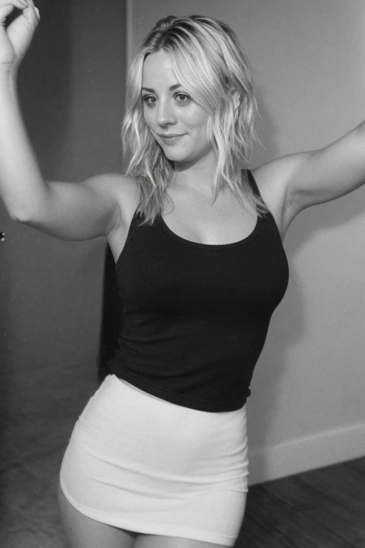 a selfie of a 19 year old Kaley Cuoco, taken with iphone camera , arm raised, party dresbeauty, beautiful girl, black and white photography, hard contrast, hard shadows, t-shirt dress, smirk, cute makeup
