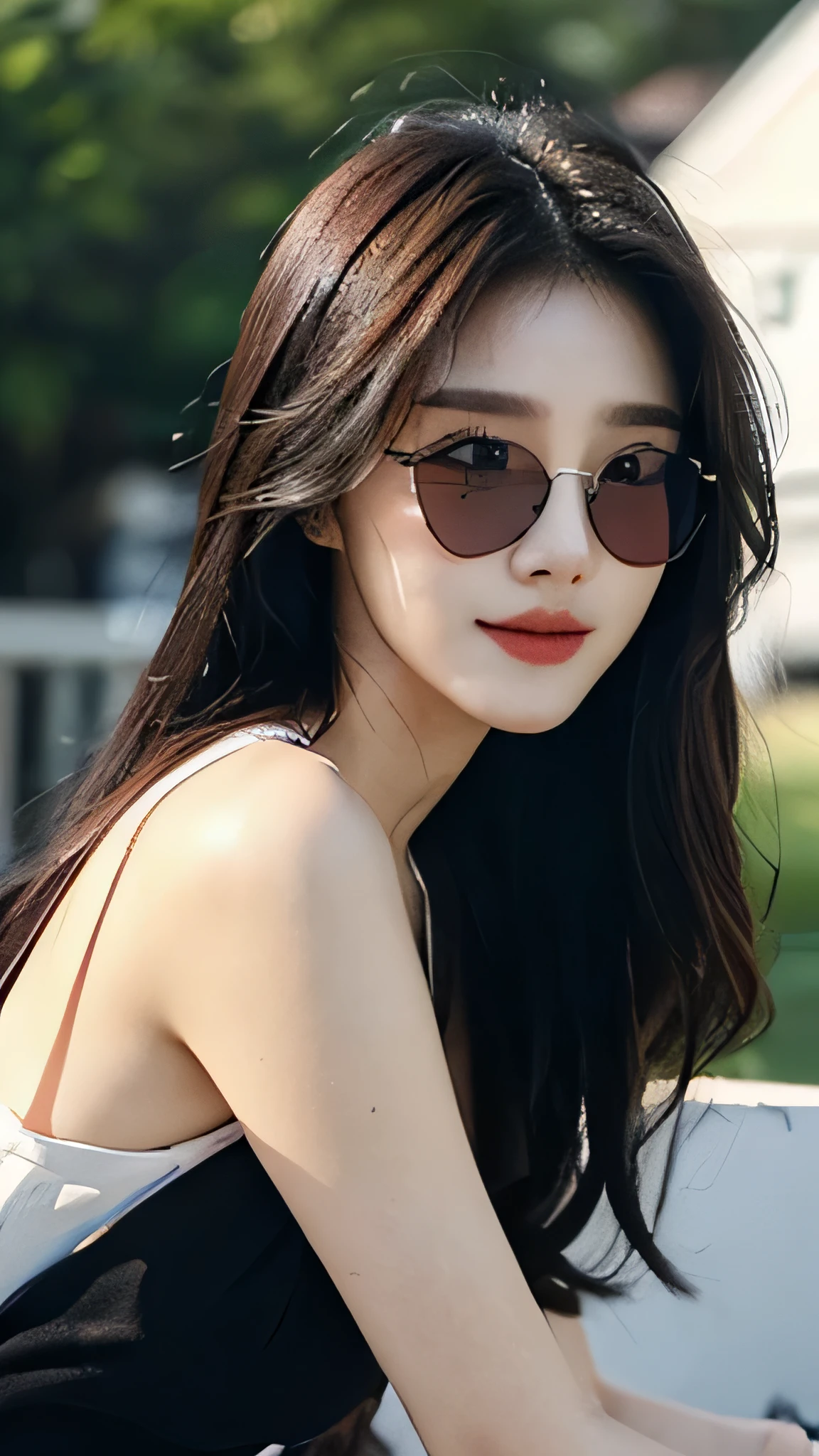 masterpiece、top-quality)、1 beautiful girl、((Wearing black sunglasses )), (Detailed beautiful eyes), ((Detailed skin)) , ((Detailed medium hair)), in the white villa、((Boyish Brown Medium Hair))、((Smaller face))、((Neutral face))、((Face seen from the side))、((Light brown eyes))、((Korean Girl))、((18year old))、((cool lady))、((A shy smile on his face))、((Korean Makeup))、((elongated and sharp eyes))、((Happy dating))、((boyish))、((Shot from the same height as your face)、full body , RAW photos, on the white villa ), ((CG rendering)), ((Blurred background)), ((16K)), ((Very detailed)), ((wallpaper)), ((depth of field)), ((movie light)), (( Ray tracing)).
