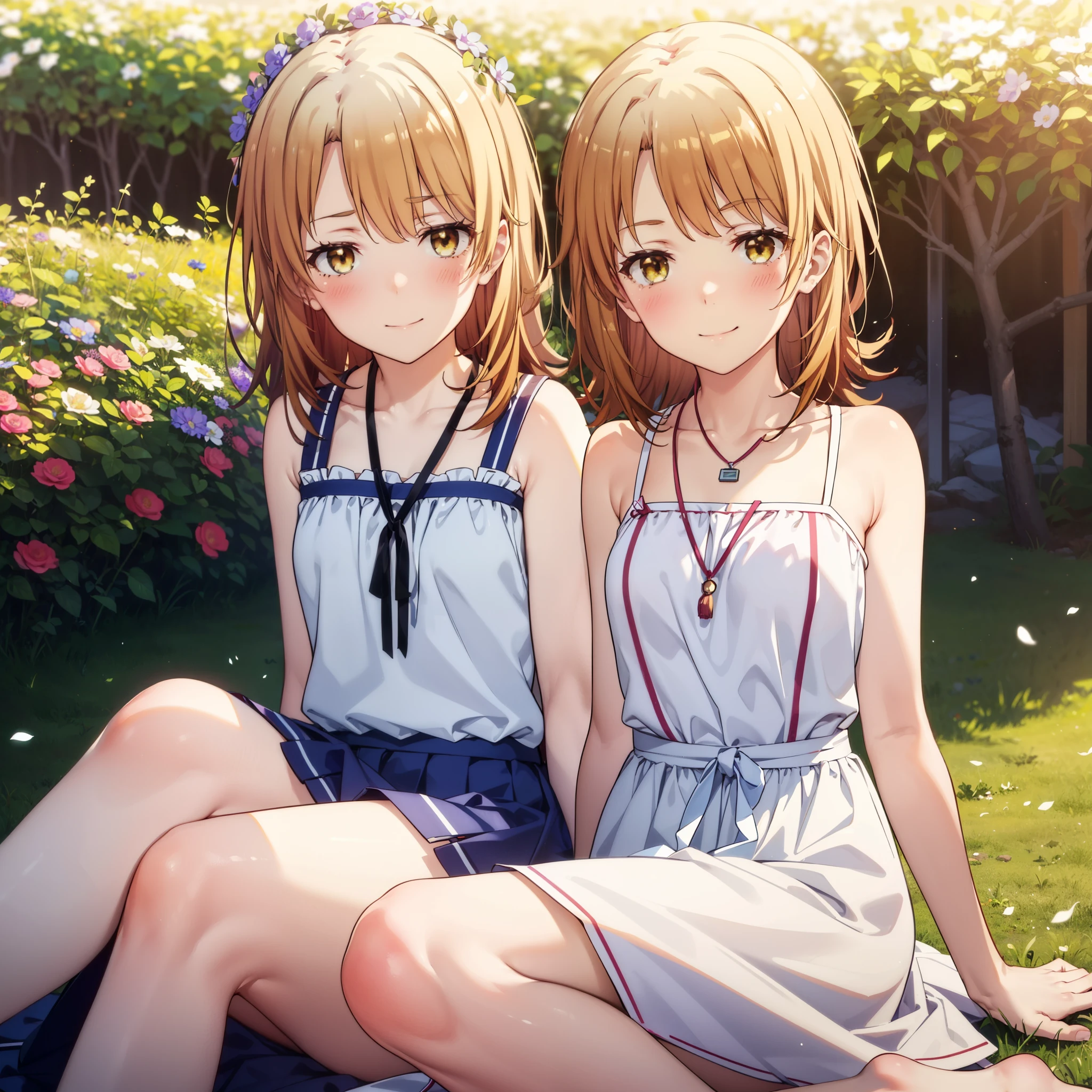 irohaisshiki, iroha isshiki, Long Hair, Brown Hair, (Brown eyes:1.5), Medium chest, Squint both eyes,blush,happy smile, smile, Shut your mouth.,White Sleeveless Dress,Bare arms,Heart Pendant,Long skirt,Barefoot flower crown,whole bodyがイラストに入るように,Sitting,Looking up from below,
break looking at viewer, whole body,
break outdoors, nature,Flower Field,Large Lake,
break (masterpiece:1.2), highest quality, High resolution, unity 8k wallpaper, (shape:0.8), (Beautiful details:1.6), Highly detailed face, Perfect lighting, Extremely detailed CG, (Perfect hands, Perfect Anatomy),