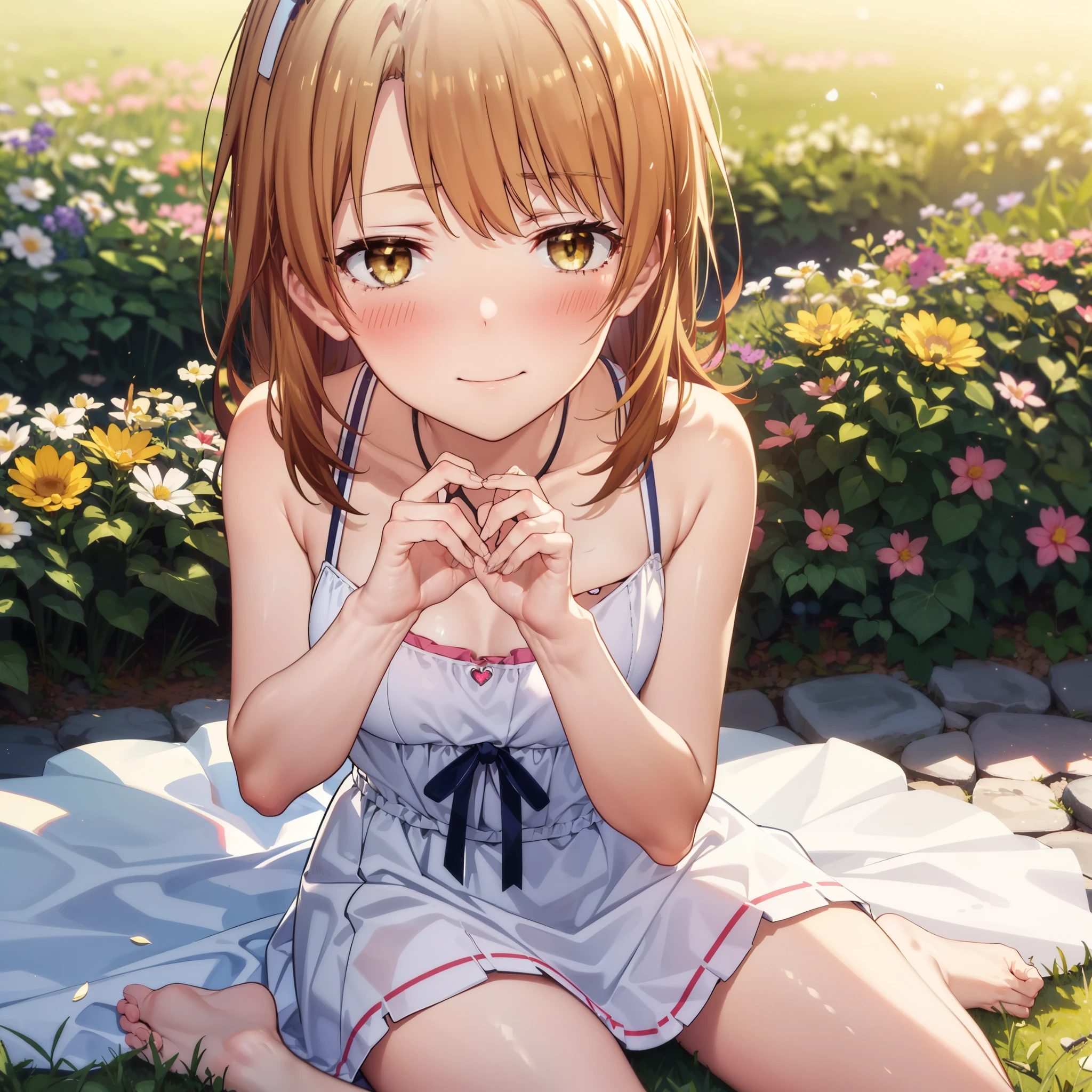 irohaisshiki, iroha isshiki, Long Hair, Brown Hair, (Brown eyes:1.5), Medium chest, Squint both eyes,blush,happy smile, smile, Shut your mouth.,White Sleeveless Dress,Bare arms,Heart Pendant,Long skirt,Barefoot flower crown,whole bodyがイラストに入るように,Sitting,Looking up from below,
break looking at viewer, whole body,
break outdoors, nature,Flower Field,Large Lake,
break (masterpiece:1.2), highest quality, High resolution, unity 8k wallpaper, (shape:0.8), (Beautiful details:1.6), Highly detailed face, Perfect lighting, Extremely detailed CG, (Perfect hands, Perfect Anatomy),