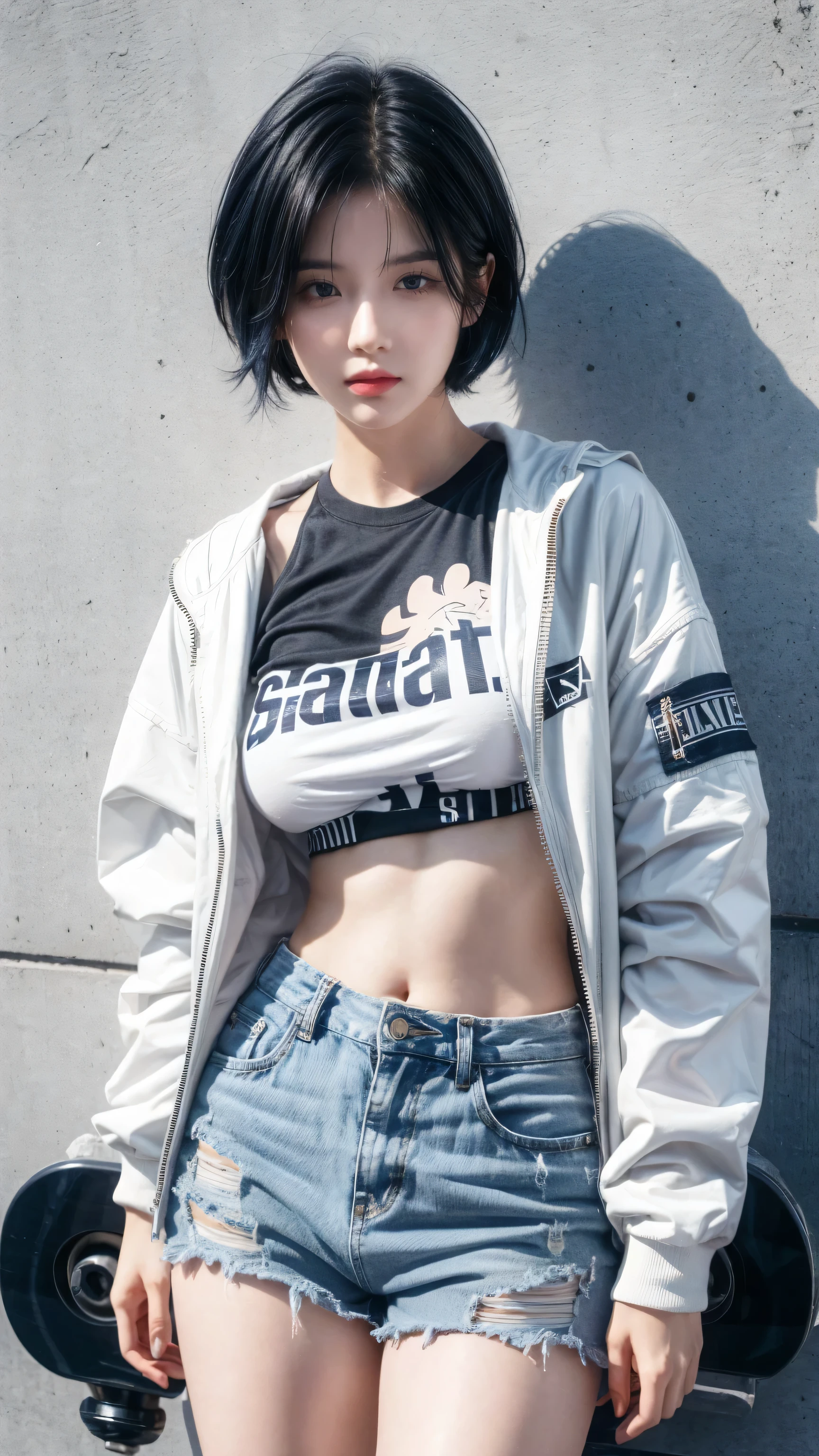 best quality, 1 Girl, dark blue hair, black eyes, Very short hair, Spiky hair, t-shirt, white jacket , High waist short jeans, 171 cm, Messy hair, Hair between the eyes, Medium breasts, full, Tomboy, aldult, 20 years old, 1 Girl skateboard athlete