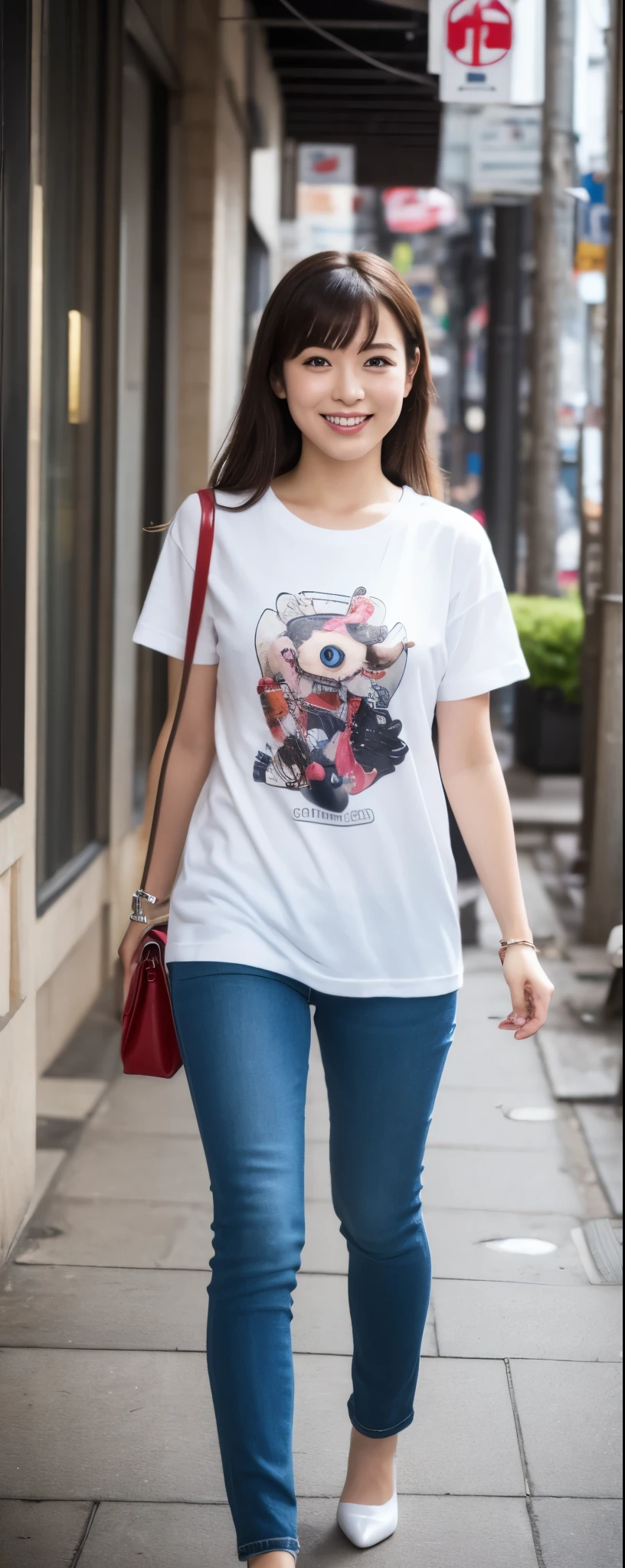 masuterpiece, Best Quality, Illustration, Ultra-detailed, finely detail, hight resolution, 8K photographic, Perfect dynamic composition, from front, 1 japanese girl, Beautiful detailed eyes, long Medium wavy Hair, wearing t-shirts:1.2, bell-bottom pants, make up:1.1, Random poses,Smile, Omotesando Street Walk, 28 years girl