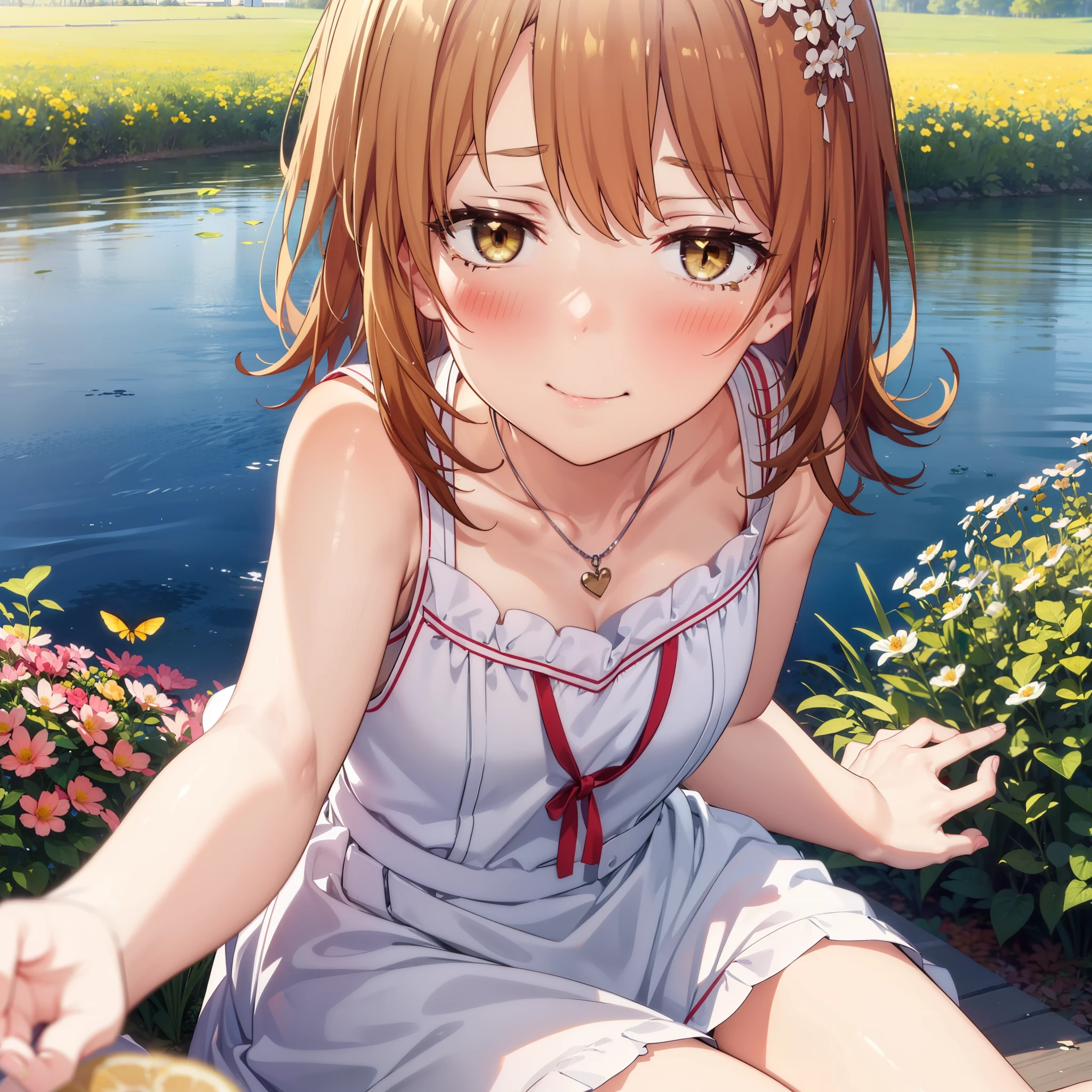 irohaisshiki, iroha isshiki, Long Hair, Brown Hair, (Brown eyes:1.5), Medium chest, Squint both eyes,blush,happy smile, smile, Shut your mouth.,White Sleeveless Dress,Bare arms,Heart Pendant,Long skirt,Barefoot flower crown,whole bodyがイラストに入るように,Sitting,Looking up from below,
break looking at viewer, whole body,
break outdoors, nature,Flower Field,Large Lake,
break (masterpiece:1.2), highest quality, High resolution, unity 8k wallpaper, (shape:0.8), (Beautiful details:1.6), Highly detailed face, Perfect lighting, Extremely detailed CG, (Perfect hands, Perfect Anatomy),